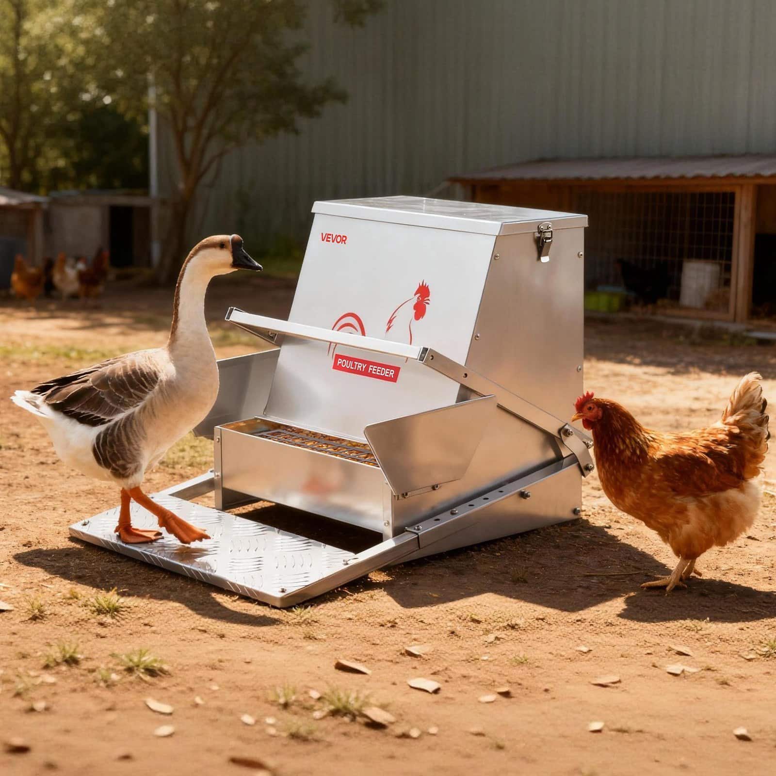 VEVOR 18.14 kg Automatic Chicken Feeder, Rainproof Galvanized Steel Treadle Feeder with Lock Lid, No Waste, Outdoor Poultry Use - Image 8