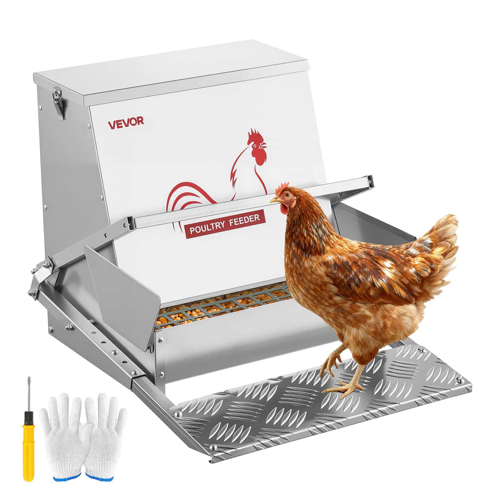 VEVOR 18.14 kg Automatic Chicken Feeder, Rainproof Galvanized Steel Treadle Feeder with Lock Lid, No Waste, Outdoor Poultry Use
