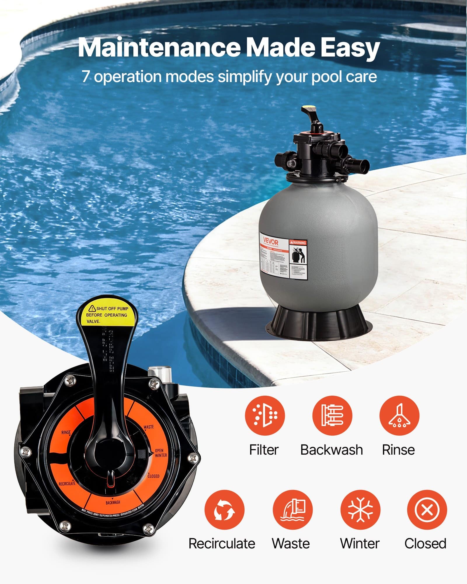 VEVOR 457 mm Pool Sand Filter System with 7-Way Valve, 151 L/min Flow for Above/Inground Pools, Durable & Easy Maintenance - Image 3