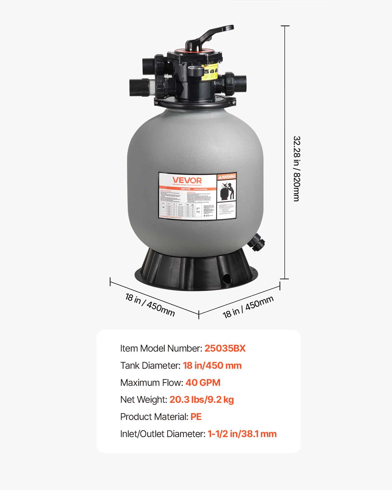VEVOR 457 mm Pool Sand Filter System with 7-Way Valve, 151 L/min Flow for Above/Inground Pools, Durable & Easy Maintenance - Image 7