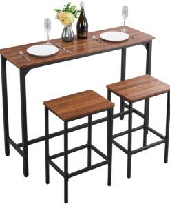 VEVOR 3-Piece Rustic Brown Bar Table Set – Rectangular Pub Table with 2 Stools, Space-Saving Design for Kitchen or Mini Bar