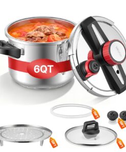 VEVOR 6L Stainless Steel Pressure Cooker with Steaming Rack & Glass Lid, 3 Pressure Settings up to 100kPa for Fast Cooking
