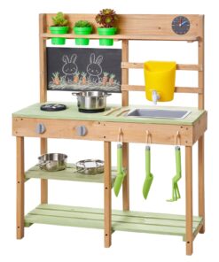 Деревянная уличная грязная кухня VEVOR для детей с раковиной, резервуаром для воды, плитами, посудой и аксессуарами, 762x324x914 мм