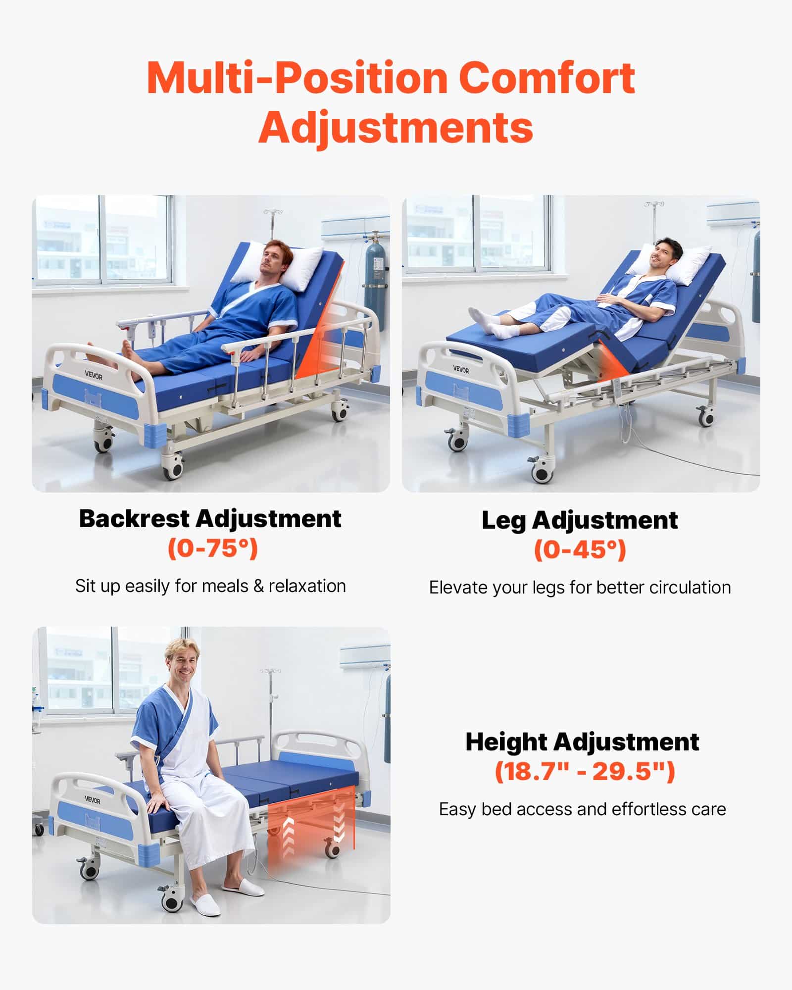 VEVOR Electric Hospital Bed with Backrest, Legrest & Height Adjustment, 250kg Load, Mattress & Locking Casters — Attēls 2