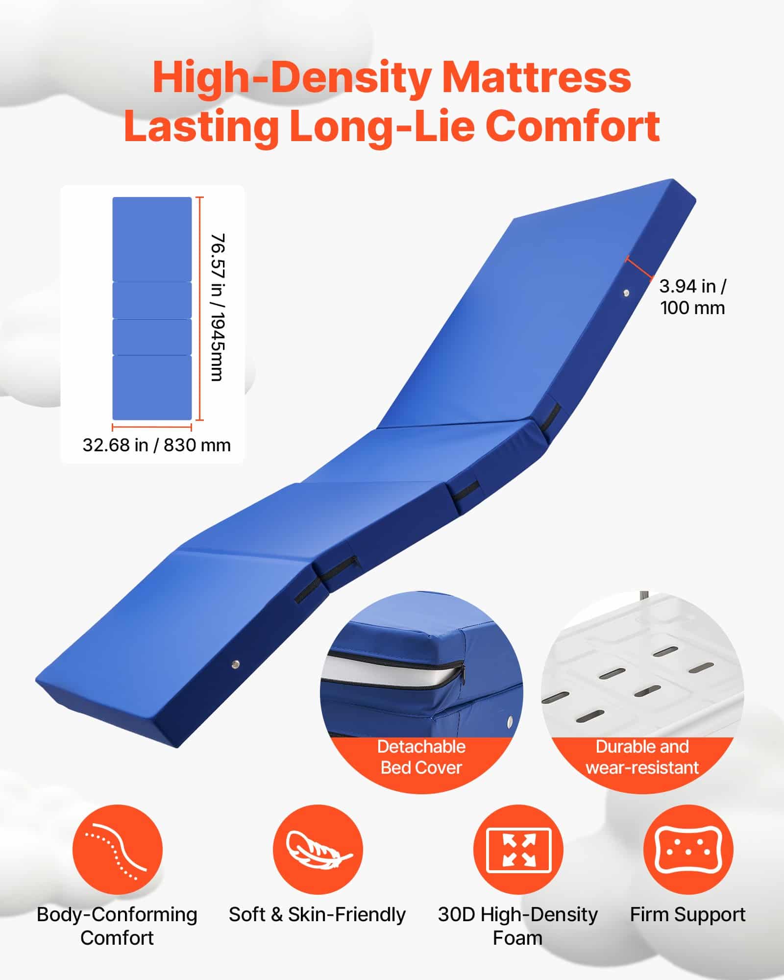 VEVOR Electric Hospital Bed with Backrest, Legrest & Height Adjustment, 250kg Load, Mattress & Locking Casters — Attēls 3