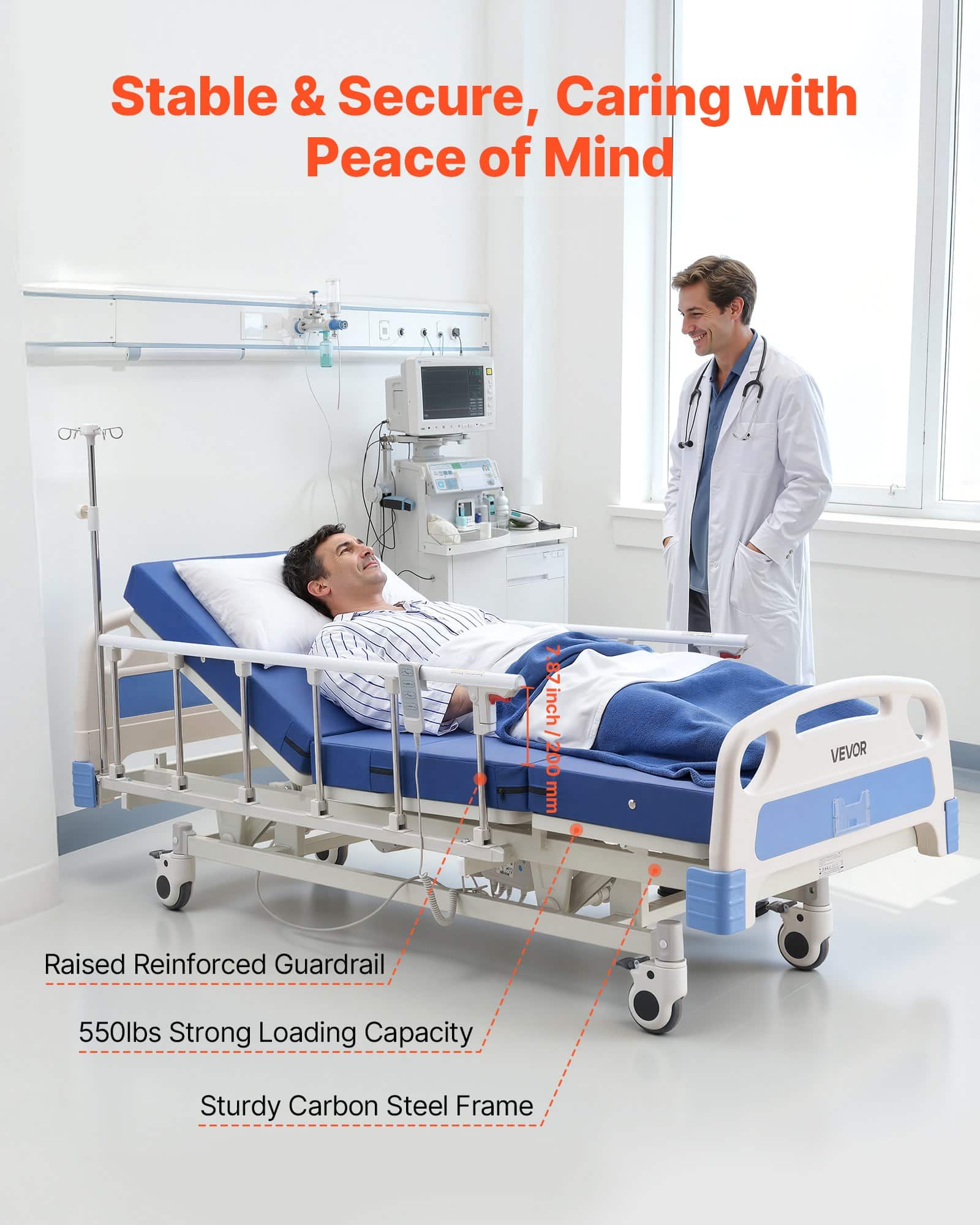 VEVOR Electric Hospital Bed with Backrest, Legrest & Height Adjustment, 250kg Load, Mattress & Locking Casters — Attēls 4