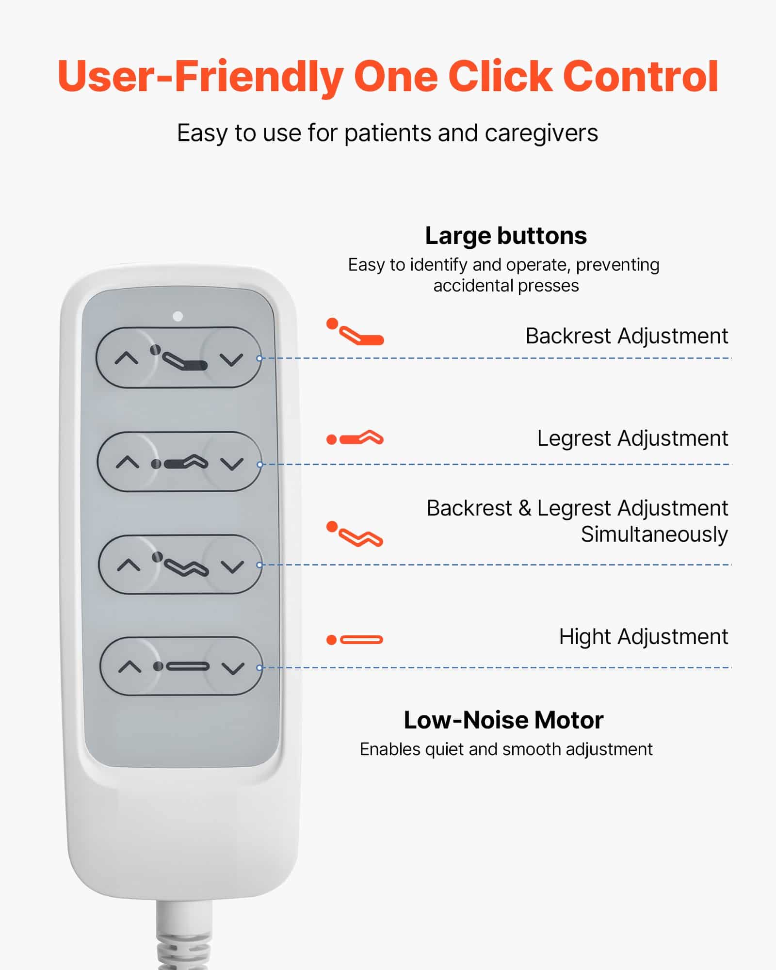 VEVOR Electric Hospital Bed with Backrest, Legrest & Height Adjustment, 250kg Load, Mattress & Locking Casters — Attēls 5