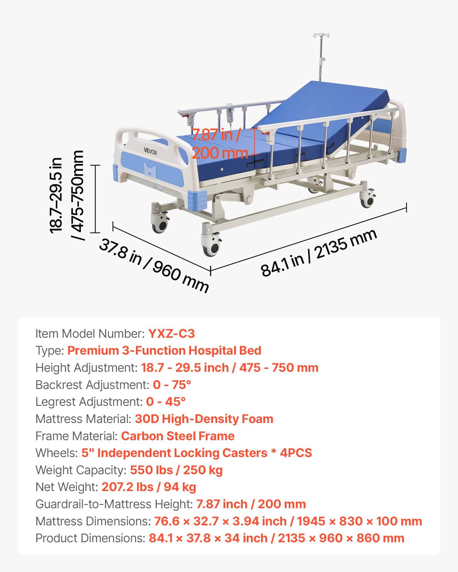 VEVOR Electric Hospital Bed with Backrest, Legrest & Height Adjustment, 250kg Load, Mattress & Locking Casters — Attēls 7