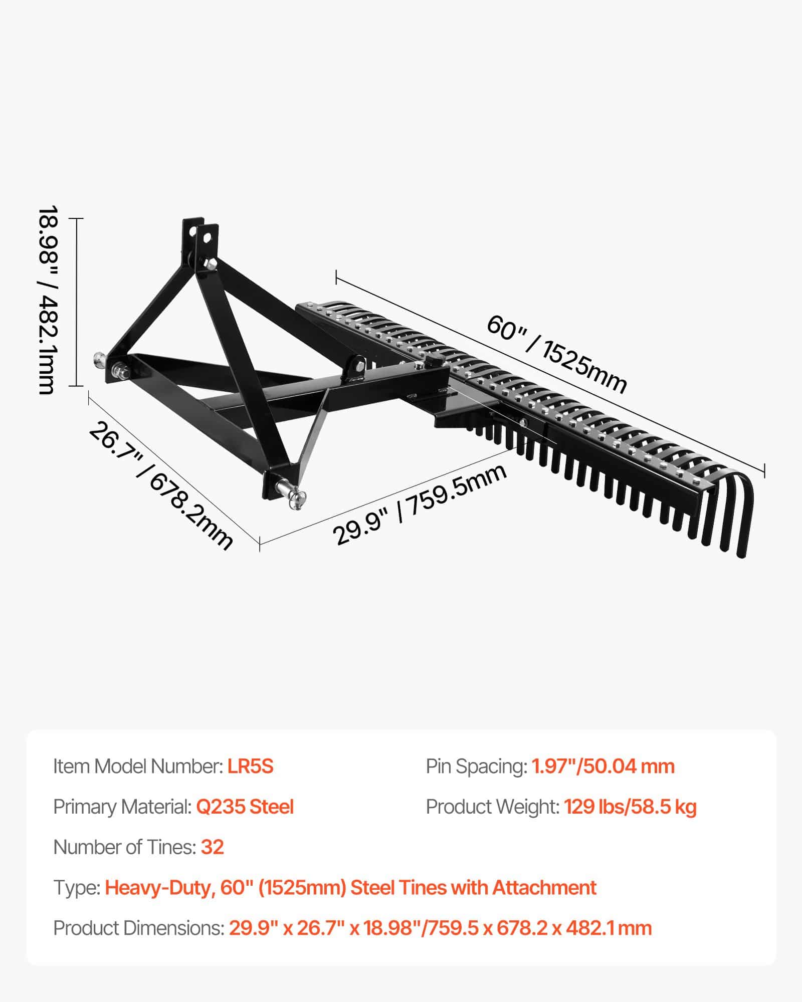 VEVOR 1525mm Tow-Behind Lawn Dethatcher with 32 Steel Tines, 3-Point Hitch Rake for Tractors – Garden & Farm Aerator - Зображення 7