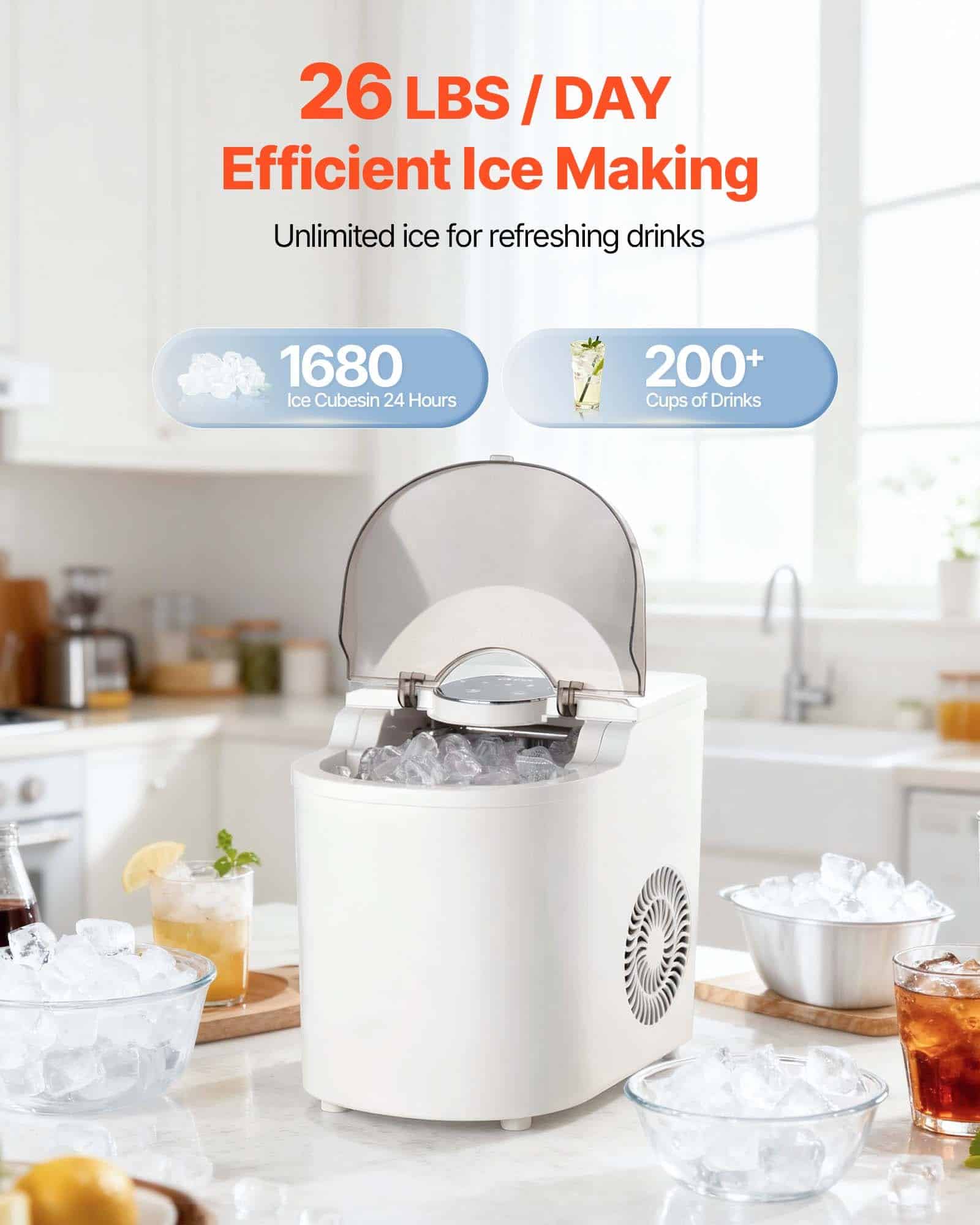 VEVOR Portable Countertop Ice Maker, 7 Bullet Cubes in 6 Mins, 11.8 kg/day, 2 Ice Sizes, Self-Cleaning, for Home & Office — изображение 2