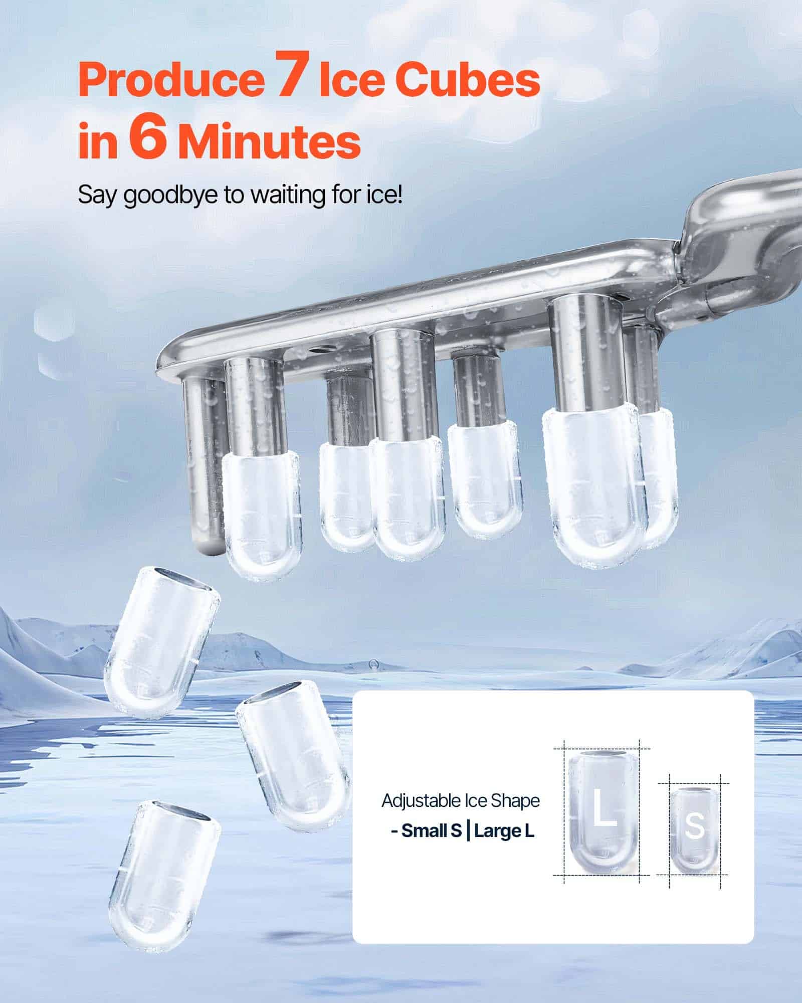 VEVOR Portable Countertop Ice Maker, 7 Bullet Cubes in 6 Mins, 11.8 kg/day, 2 Ice Sizes, Self-Cleaning, for Home & Office — изображение 3