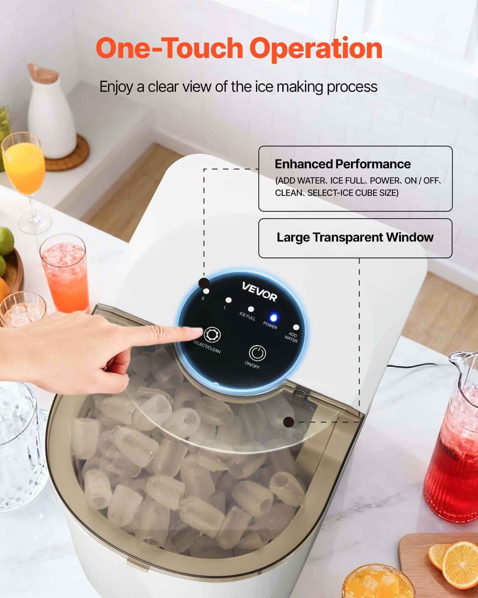 VEVOR Portable Countertop Ice Maker, 7 Bullet Cubes in 6 Mins, 11.8 kg/day, 2 Ice Sizes, Self-Cleaning, for Home & Office — изображение 4
