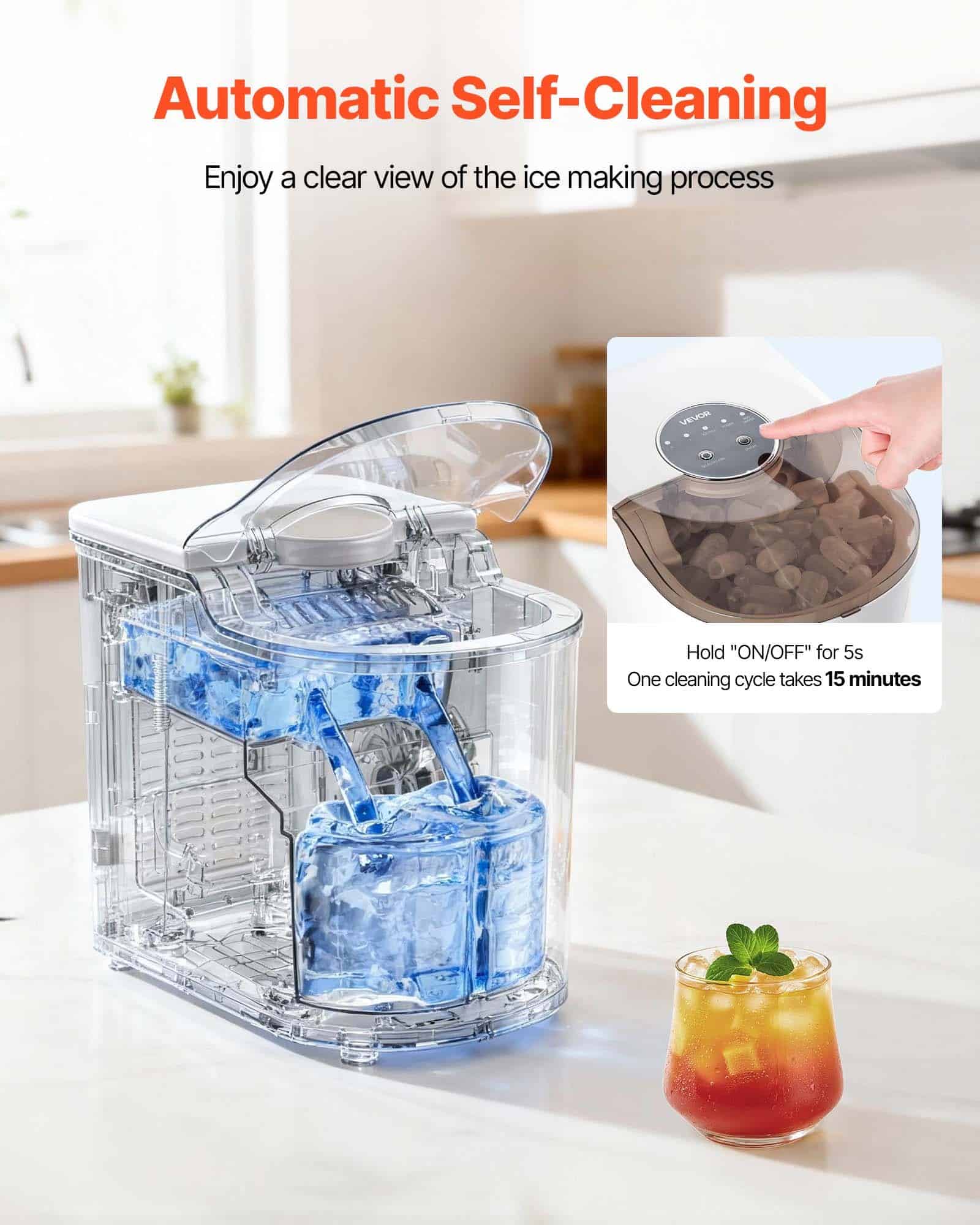 VEVOR Portable Countertop Ice Maker, 7 Bullet Cubes in 6 Mins, 11.8 kg/day, 2 Ice Sizes, Self-Cleaning, for Home & Office — изображение 5
