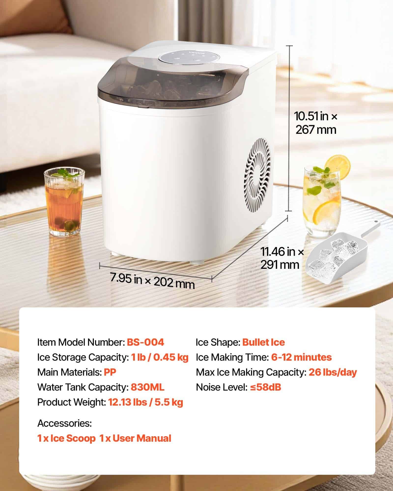 VEVOR Portable Countertop Ice Maker, 7 Bullet Cubes in 6 Mins, 11.8 kg/day, 2 Ice Sizes, Self-Cleaning, for Home & Office — изображение 7