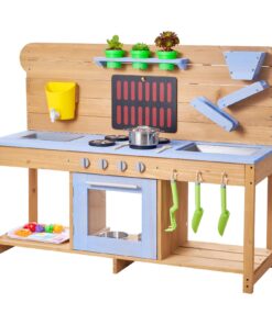 Открытая деревянная глиняная кухня VEVOR для детей с плитами, двойными раковинами, резервуаром для воды, играми и аксессуарами из песка, 122x42,5x93 см