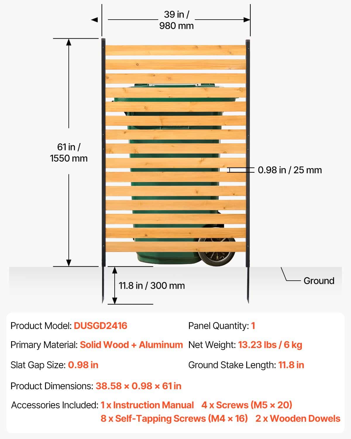 VEVOR Wooden Privacy Fence Panel 99x155 cm – Outdoor AC/Trash Enclosure with Metal Stakes, Easy DIY Garden Installation — изображение 7