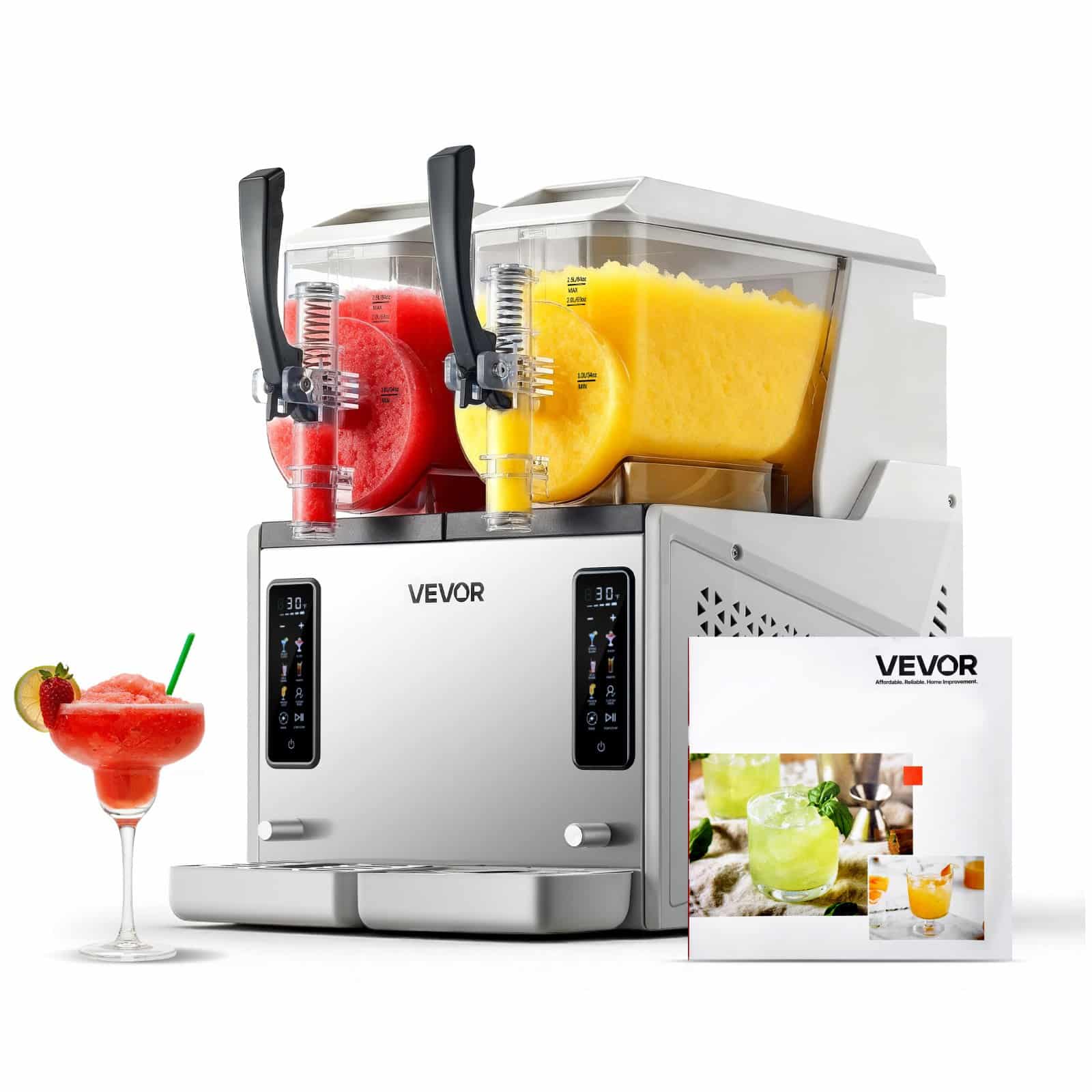 Слякотная машина VEVOR 2x3L с самоочищающимся напитком (FevOR 2x3L Slushie Machine) & Margarita Maker, Fast Cooling, 5 программ, лед не нужен