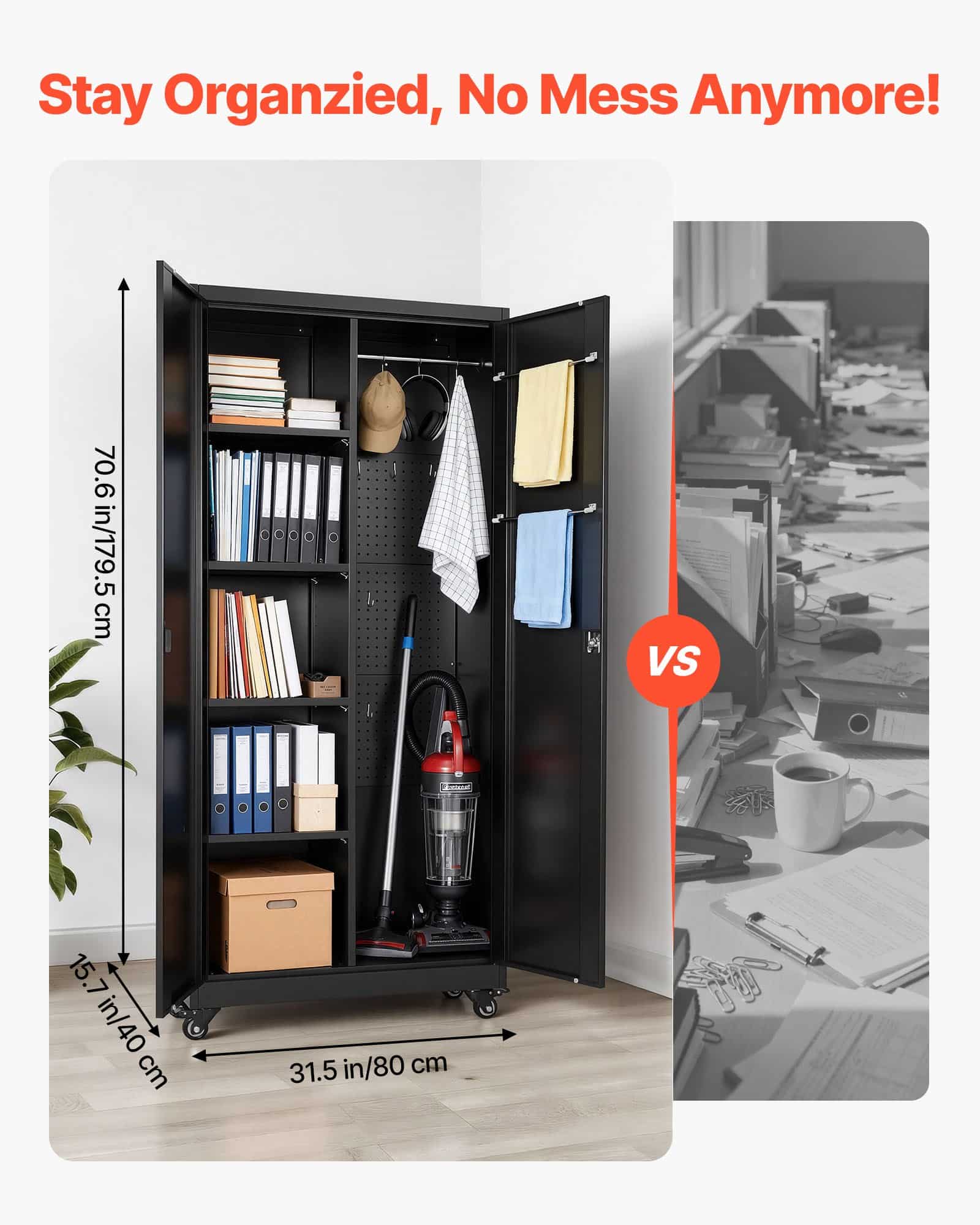 VEVOR Steel Storage Cabinet 179.5 cm with 5 Adjustable Shelves, Lockable Doors, Hanging Rod & Wheels for Garage or Basement - Pilt 4