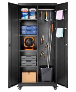 VEVOR Steel Storage Cabinet 179.5 cm with 5 Adjustable Shelves, Lockable Doors, Hanging Rod & Wheels for Garage or Basement