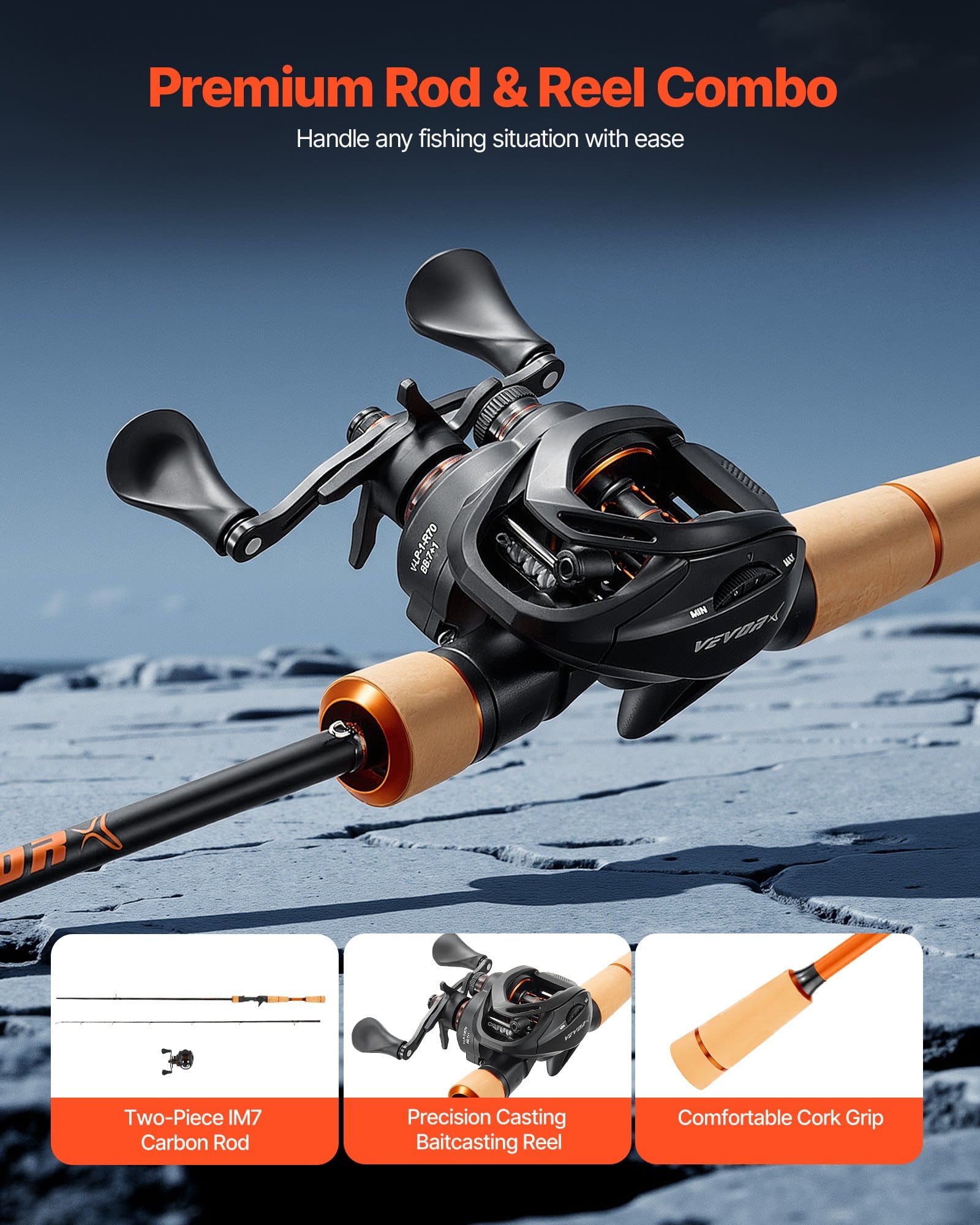 VEVOR 2m IM7 Carbon Baitcasting Rod & Reel Combo, 6+1 BB, 7.0:1 Gear Ratio, Cork Handle, Ceramic Guides — Attēls 2