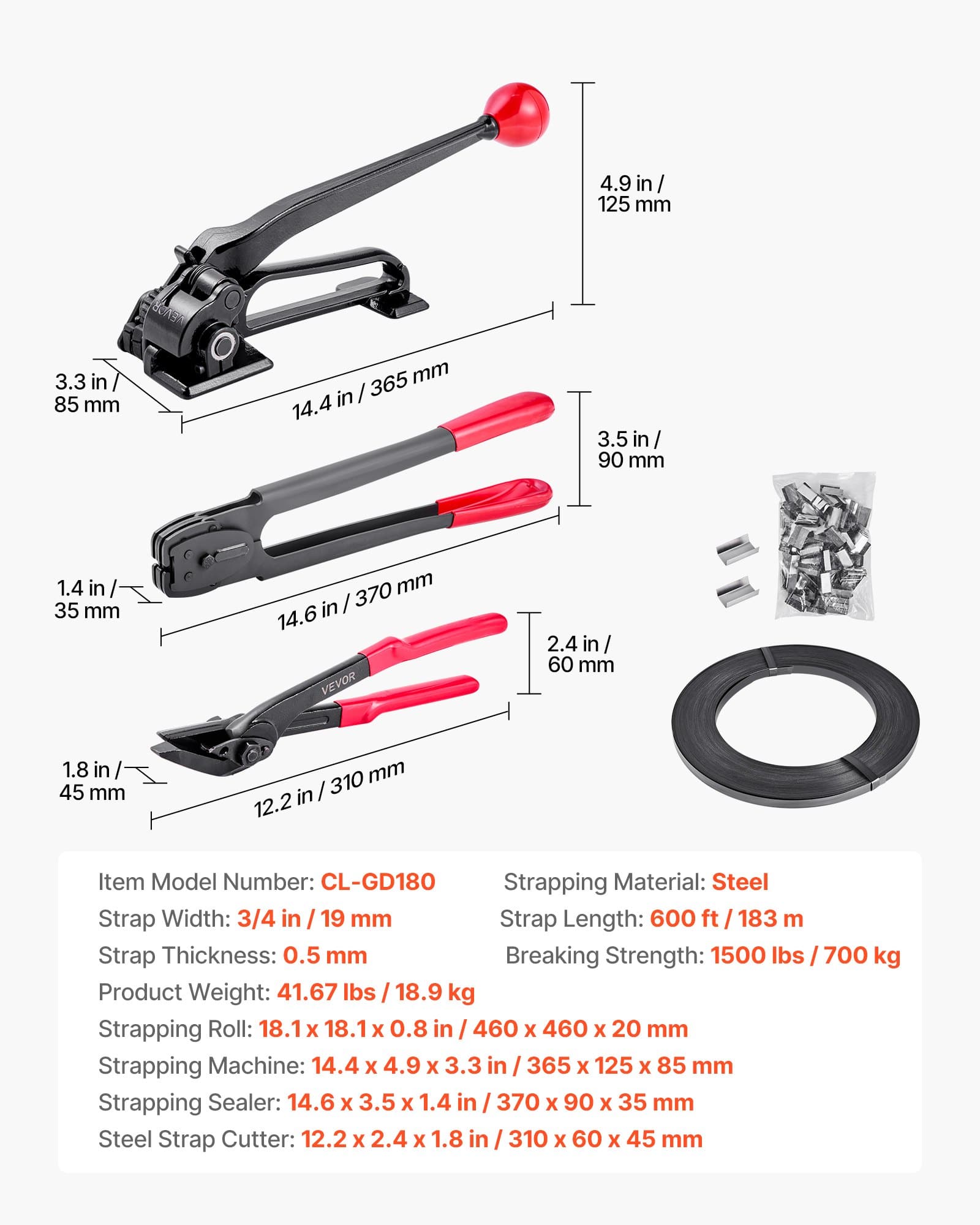VEVOR Heavy Duty Steel Strapping Kit – 19 mm Banding Tool Set with 183 m Strap, 300 Seals, Cutter & Sealer – Industrial Packaging — attēls 7