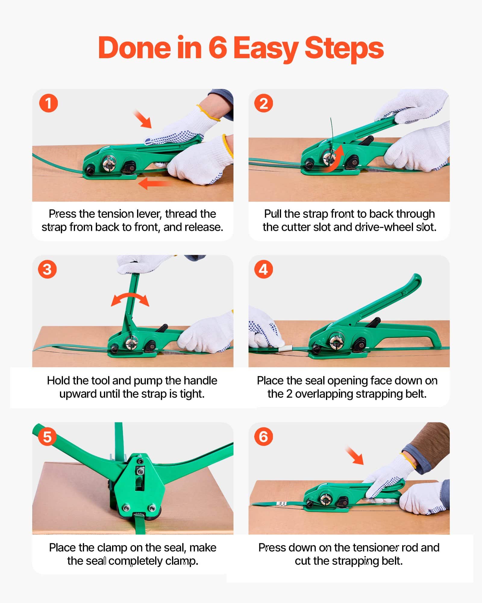 VEVOR Heavy-Duty PET Strapping Kit with 457m Strap, Sealer Tool, 450 Metal Seals, 150 Protectors & Gloves for Packaging — attēls 3