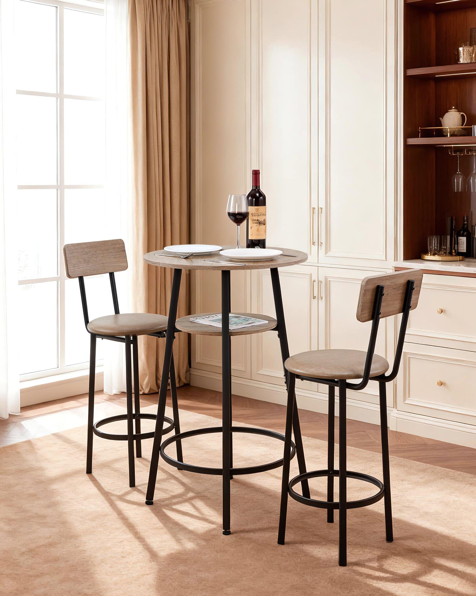 VEVOR 3-Piece Bar Table Set with 2 Stools, Round Table with Shelf, Space-Saving Dining Set for Kitchen or Home Bar, Light Gray/Black – Paveikslėlis 2