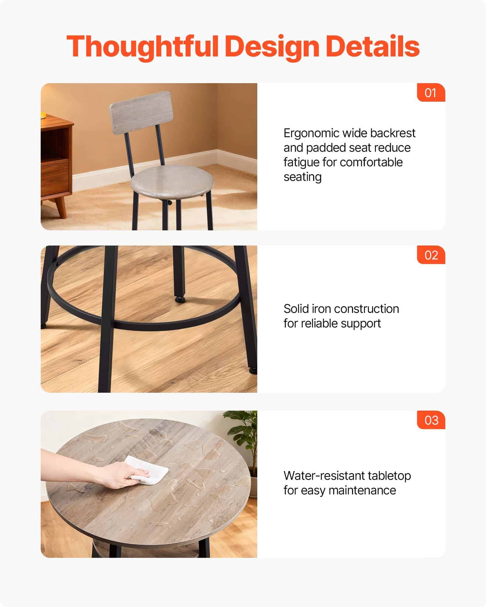 VEVOR 3-Piece Bar Table Set with 2 Stools, Round Table with Shelf, Space-Saving Dining Set for Kitchen or Home Bar, Light Gray/Black – Paveikslėlis 7