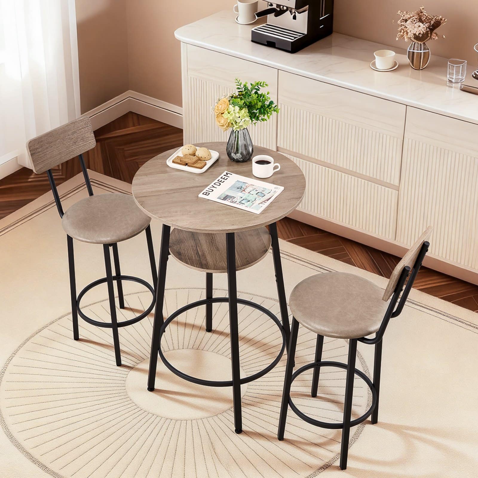 VEVOR 3-Piece Bar Table Set with 2 Stools, Round Table with Shelf, Space-Saving Dining Set for Kitchen or Home Bar, Light Gray/Black – Paveikslėlis 8