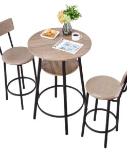 VEVOR 3-Piece Bar Table Set with 2 Stools, Round Table with Shelf, Space-Saving Dining Set for Kitchen or Home Bar, Light Gray/Black
