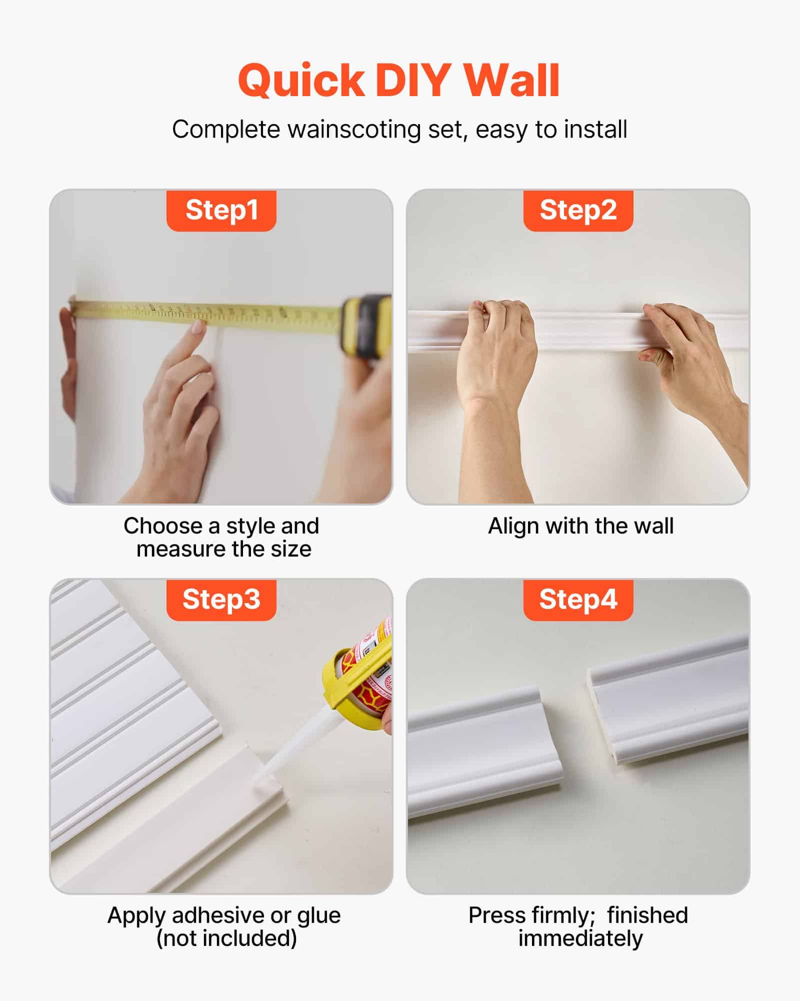 VEVOR Wall Molding Kit 197x98 cm – Lightweight Paintable Polystyrene Wainscoting Panels for Interior Accent Walls, White - Image 6