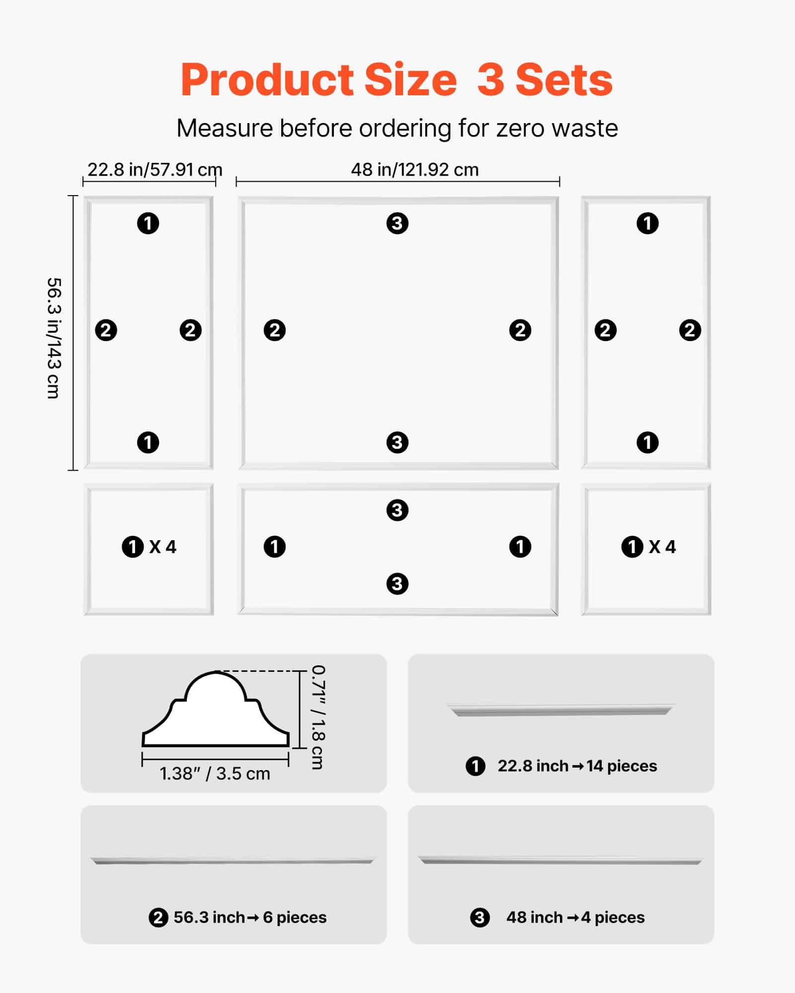 VEVOR 3-Pack Wall Molding Kit, Paintable Polystyrene Wainscoting Panels, Easy Install Trim for Interior Walls, White (58x143 + 58x58 cm) - Pilt 2