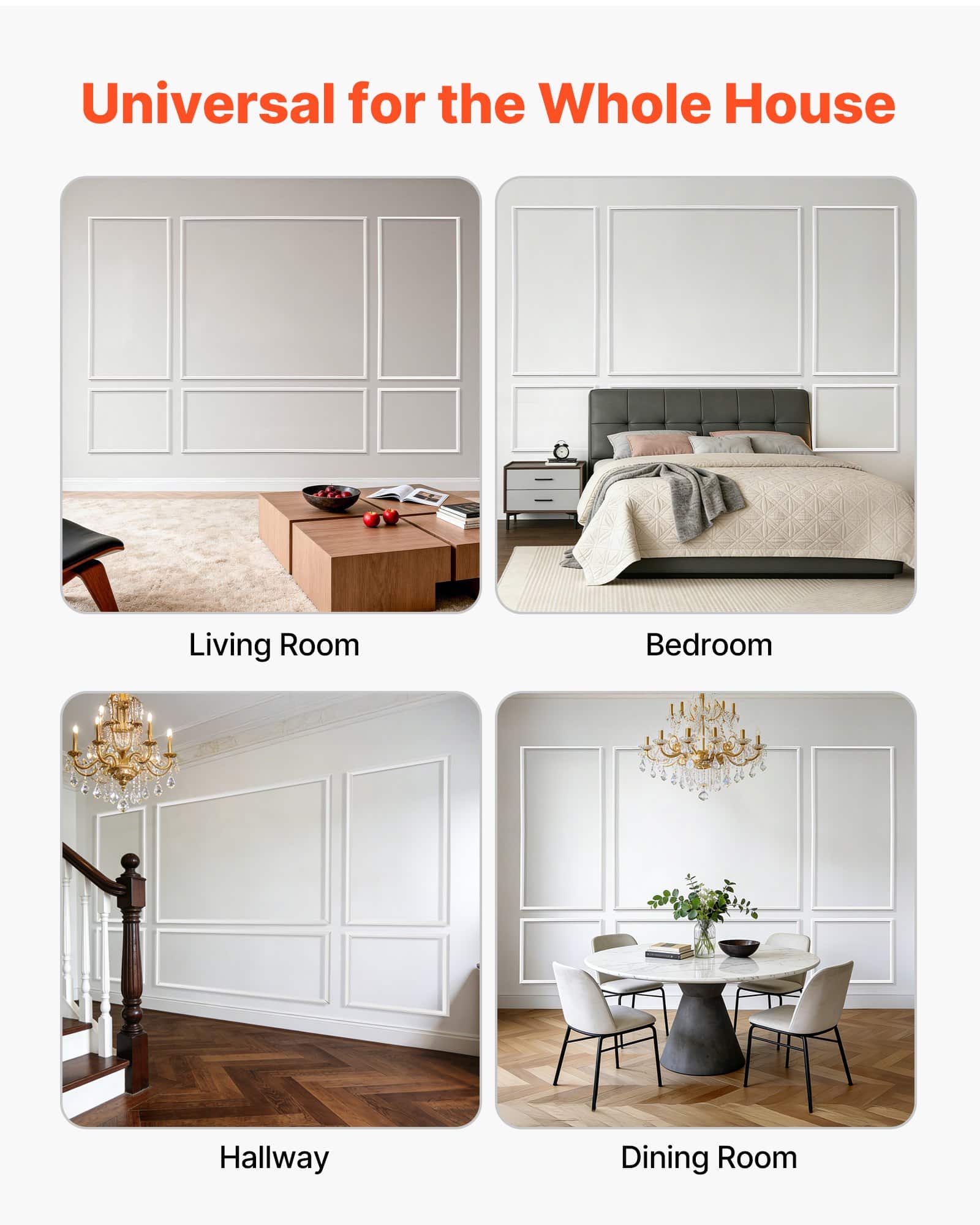 VEVOR 3-Pack Wall Molding Kit, Paintable Polystyrene Wainscoting Panels, Easy Install Trim for Interior Walls, White (58x143 + 58x58 cm) - Pilt 7