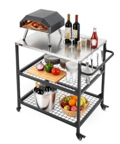 VEVOR Outdoor Grill Cart 800x610mm Stainless Steel Table with Wheels, Handle, Mesh Shelves – BBQ Prep Station for Garden/Patio