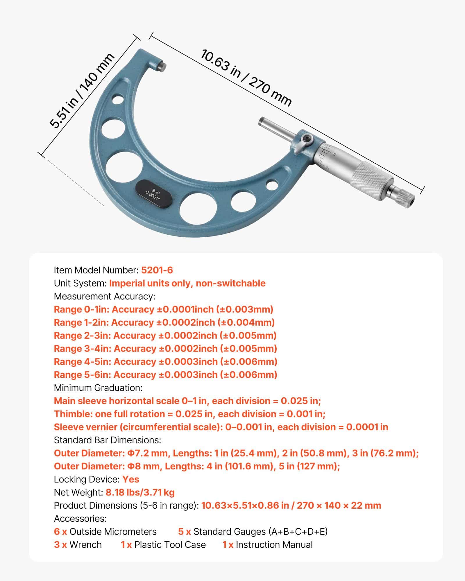 VEVOR 6-Piece Outside Micrometer Set 0–150 mm, Precision Measuring Tools with Calibration Rods & Case for Metalworking – Paveikslėlis 7