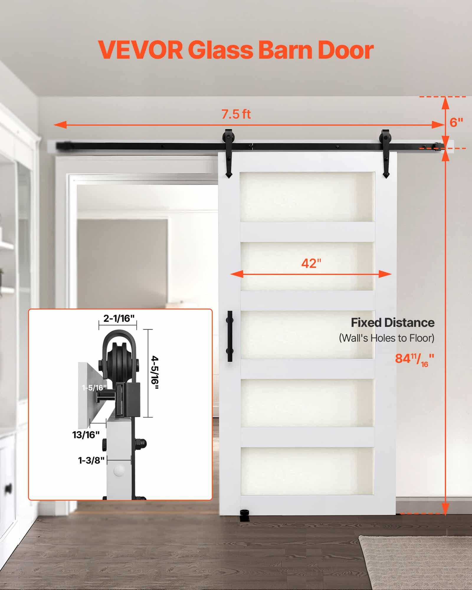 VEVOR Sliding Barn Door 1067x2134mm, MDF & Glass, Waterproof PVC, Hardware Kit, Quiet H-Frame for Living Room — изображение 2
