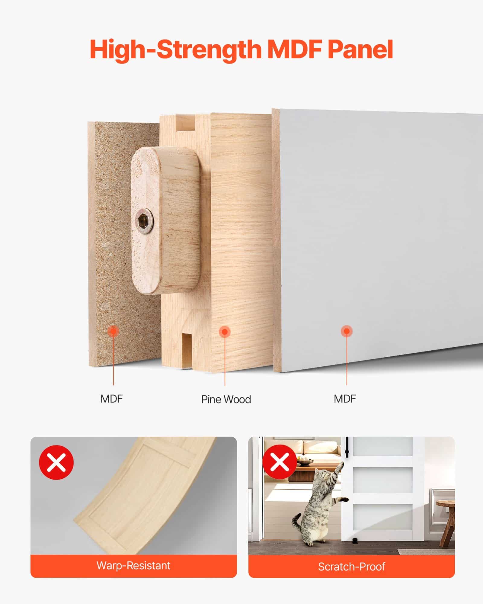 VEVOR Sliding Barn Door 1067x2134mm, MDF & Glass, Waterproof PVC, Hardware Kit, Quiet H-Frame for Living Room — изображение 3