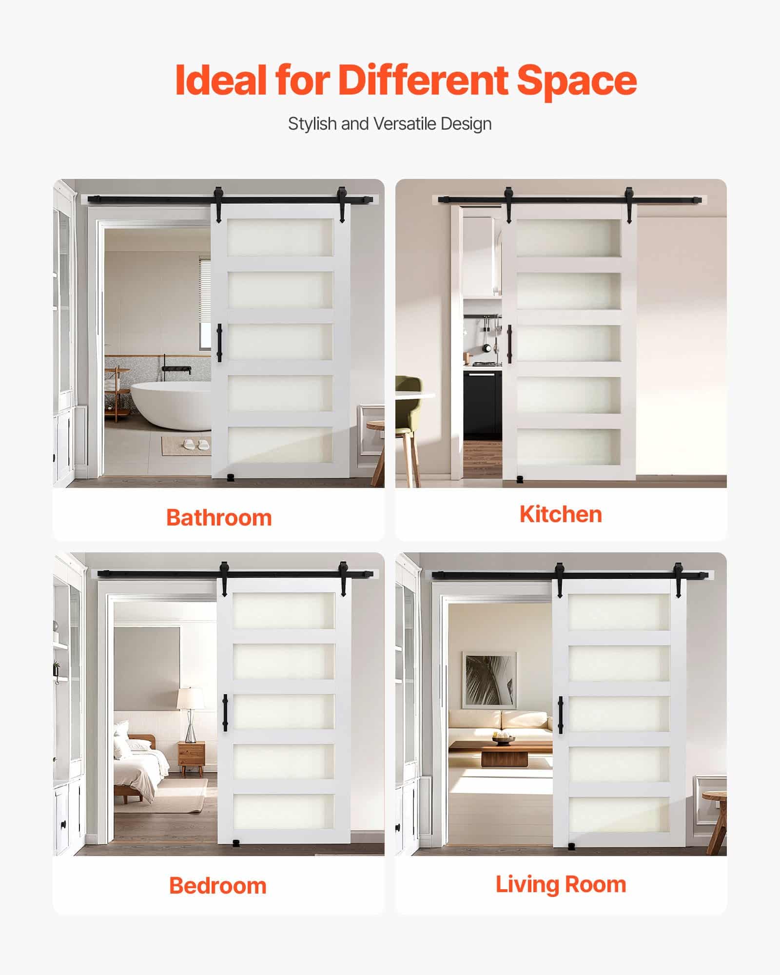 VEVOR Sliding Barn Door 1067x2134mm, MDF & Glass, Waterproof PVC, Hardware Kit, Quiet H-Frame for Living Room — изображение 6