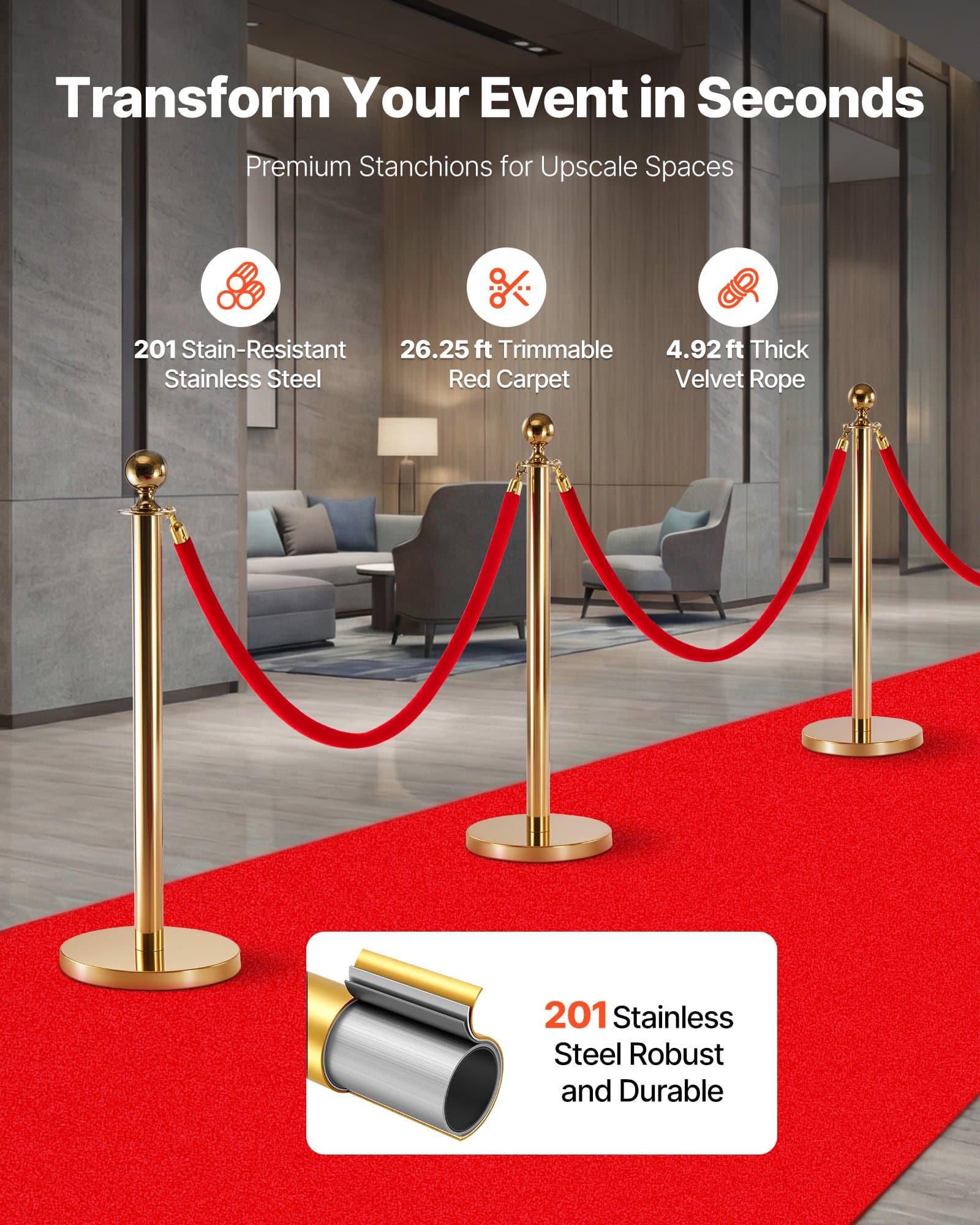 VEVOR 6-Piece Gold Stanchion Set with Red Velvet Ropes & Carpet, Stainless Steel Crowd Control Barrier for Events & Weddings - Зображення 2