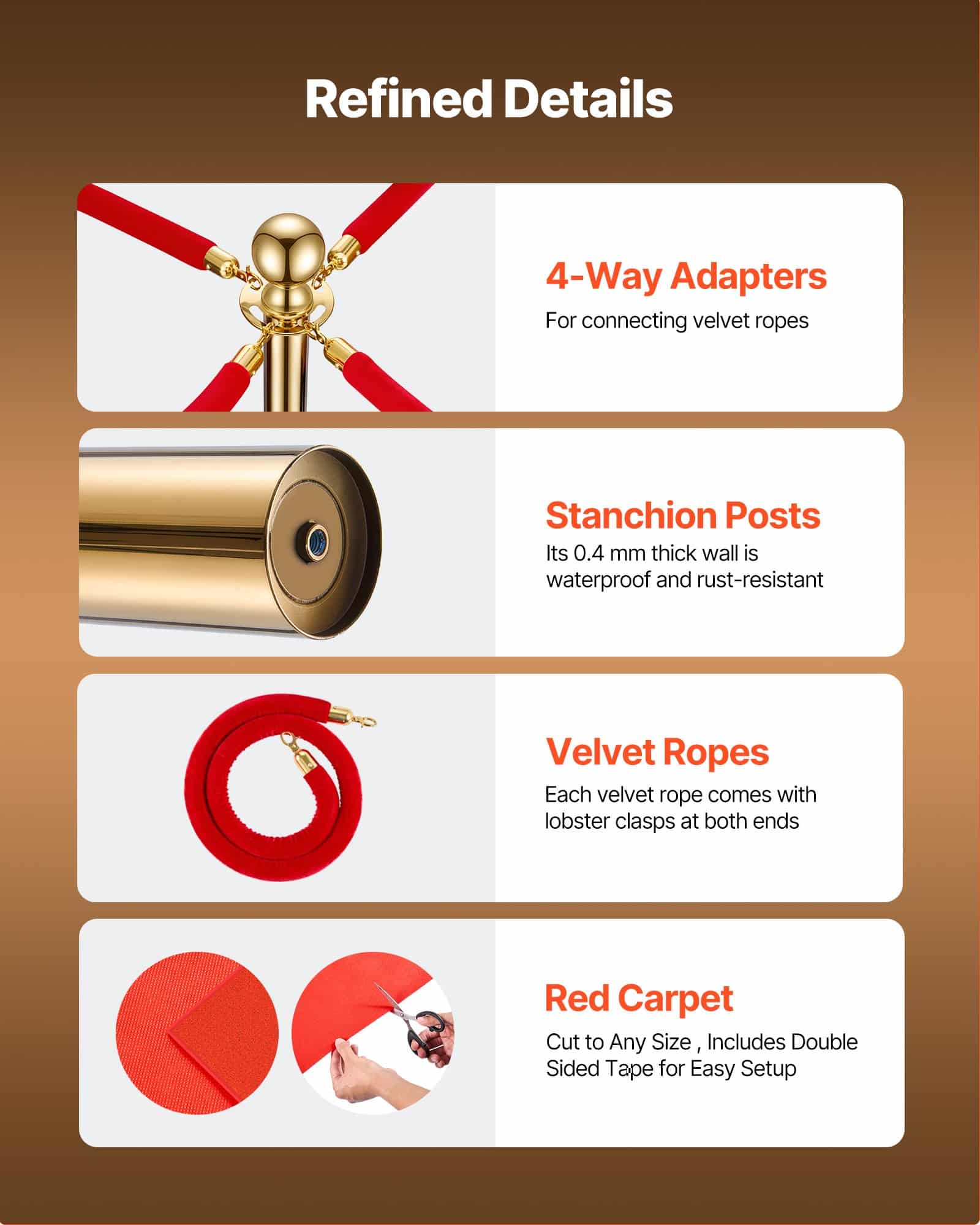 VEVOR 6-Piece Gold Stanchion Set with Red Velvet Ropes & Carpet, Stainless Steel Crowd Control Barrier for Events & Weddings - Зображення 4