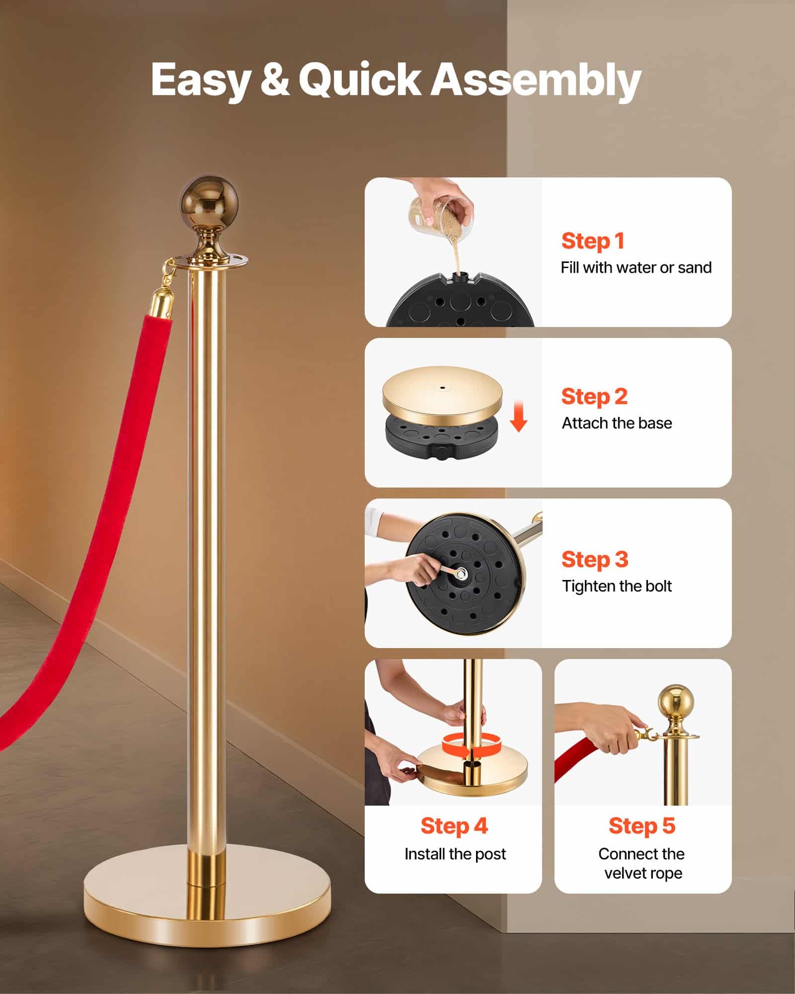 VEVOR 6-Piece Gold Stanchion Set with Red Velvet Ropes & Carpet, Stainless Steel Crowd Control Barrier for Events & Weddings - Зображення 5