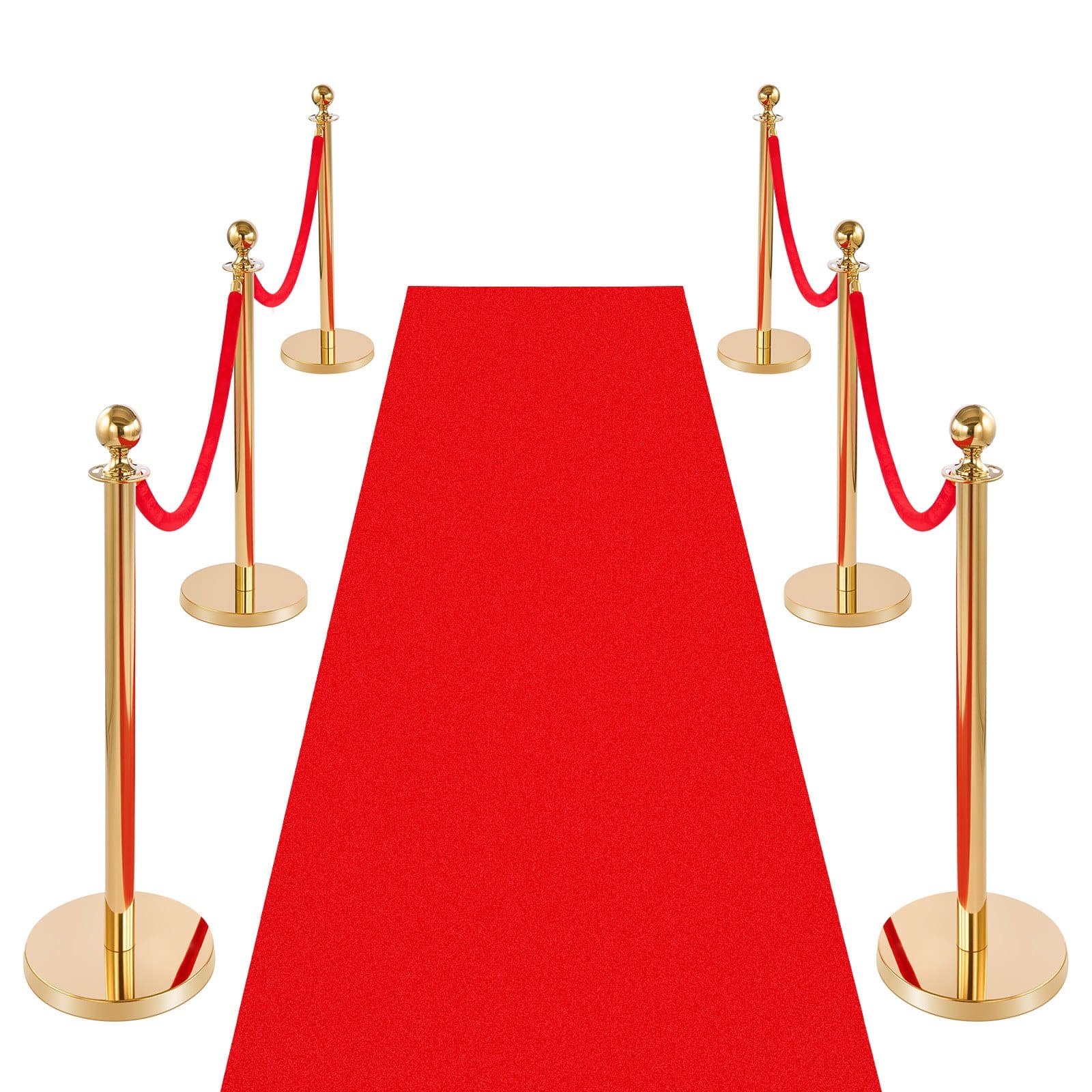 VEVOR 6-Piece Gold Stanchion Set with Red Velvet Ropes & Carpet, Stainless Steel Crowd Control Barrier for Events & Weddings