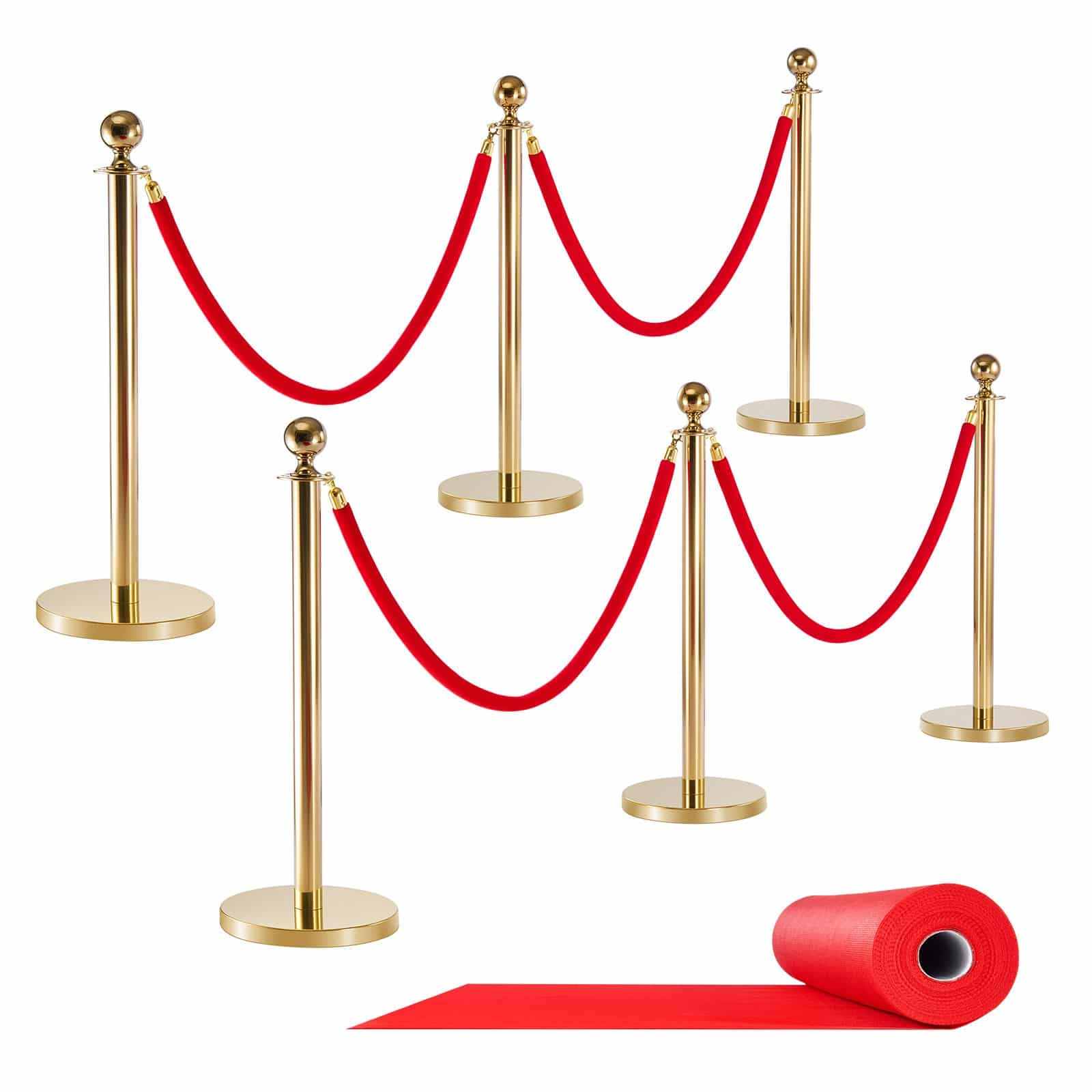 VEVOR 6-Piece Gold Stanchion Set with Red Velvet Ropes & Carpet, Stainless Steel Crowd Control Barrier for Events & Weddings - Зображення 9