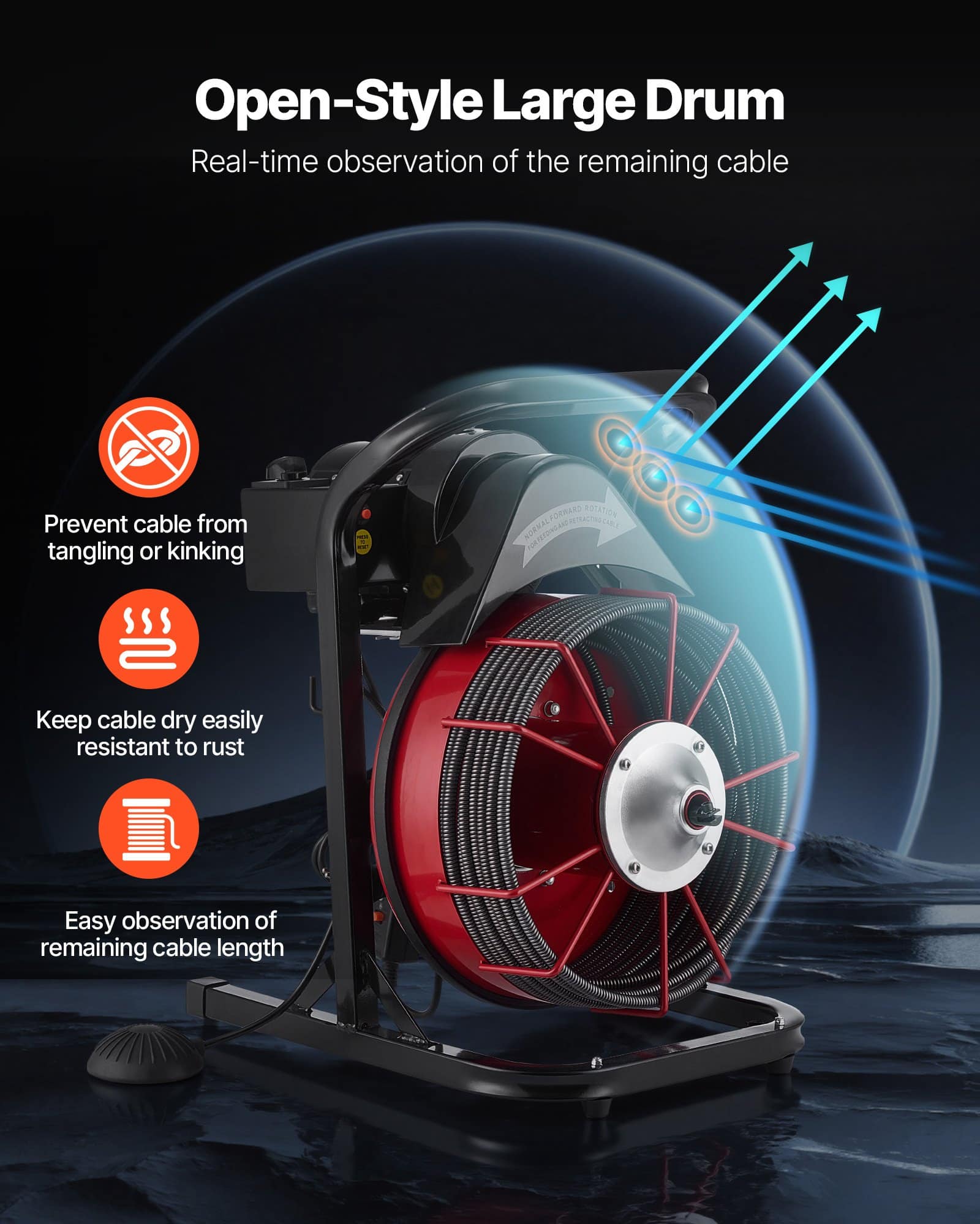 VEVOR Drain Cleaner Machine 15m x 13mm with 4 Cutters & Foot Switch, Manual Feed Sewer Snake for 50–150mm Pipes — изображение 4