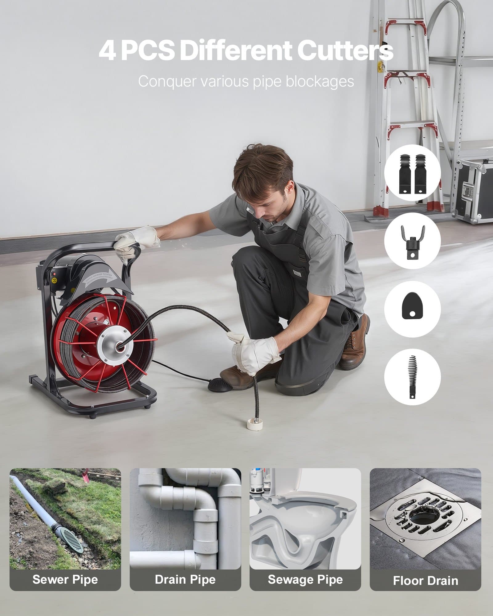 VEVOR Drain Cleaner Machine 15m x 13mm with 4 Cutters & Foot Switch, Manual Feed Sewer Snake for 50–150mm Pipes — изображение 5