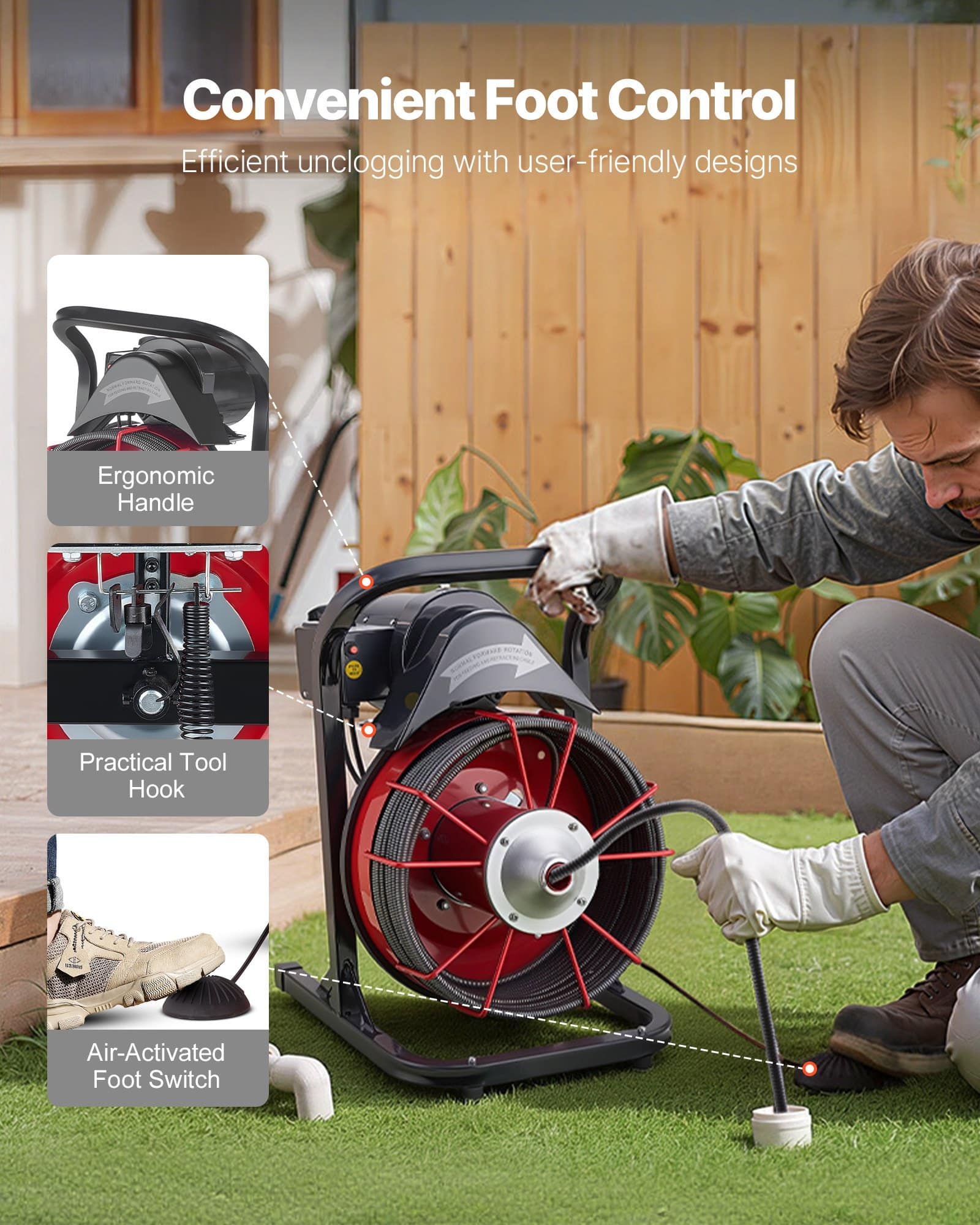 VEVOR Drain Cleaner Machine 15m x 13mm with 4 Cutters & Foot Switch, Manual Feed Sewer Snake for 50–150mm Pipes — изображение 6