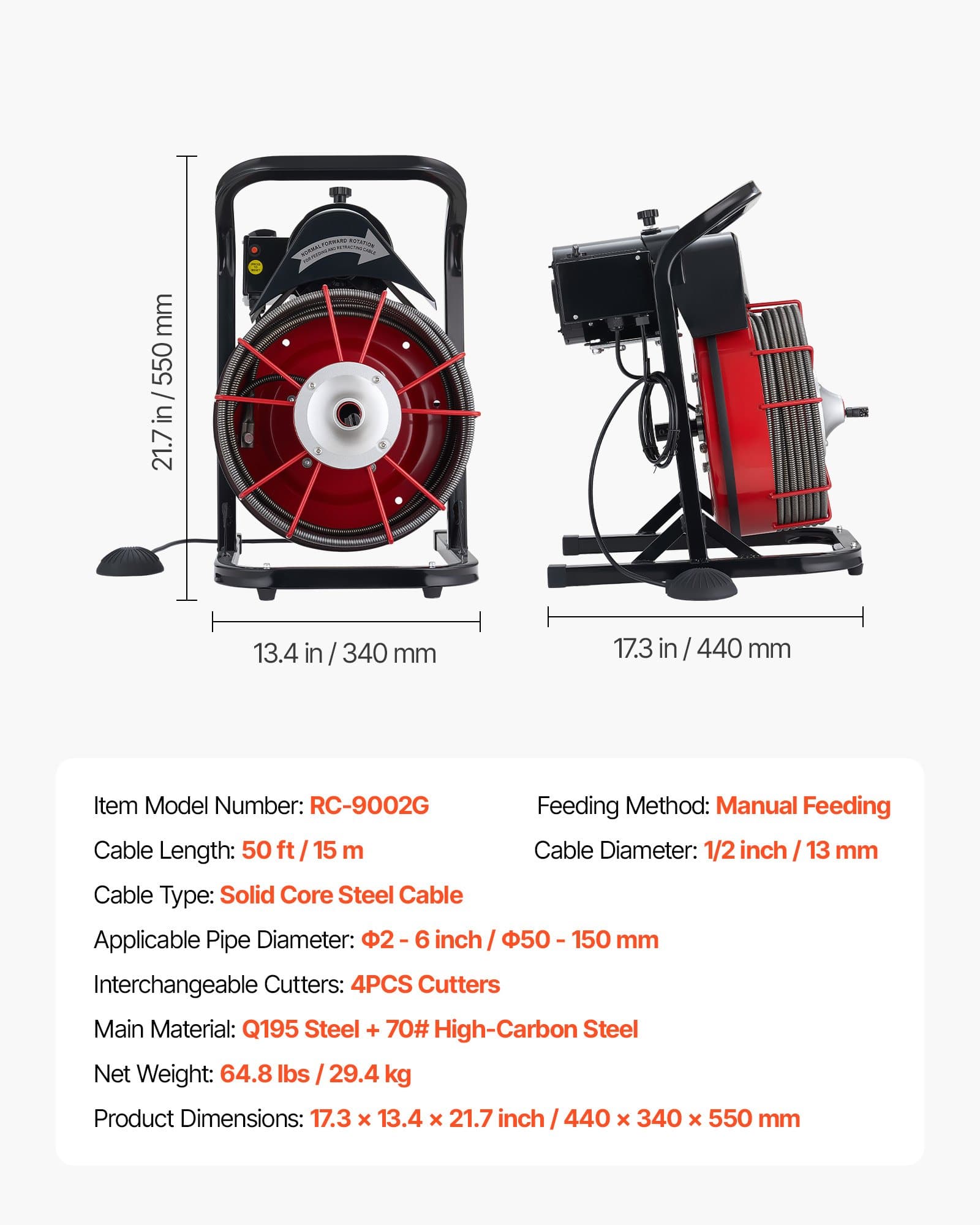 VEVOR Drain Cleaner Machine 15m x 13mm with 4 Cutters & Foot Switch, Manual Feed Sewer Snake for 50–150mm Pipes — изображение 7