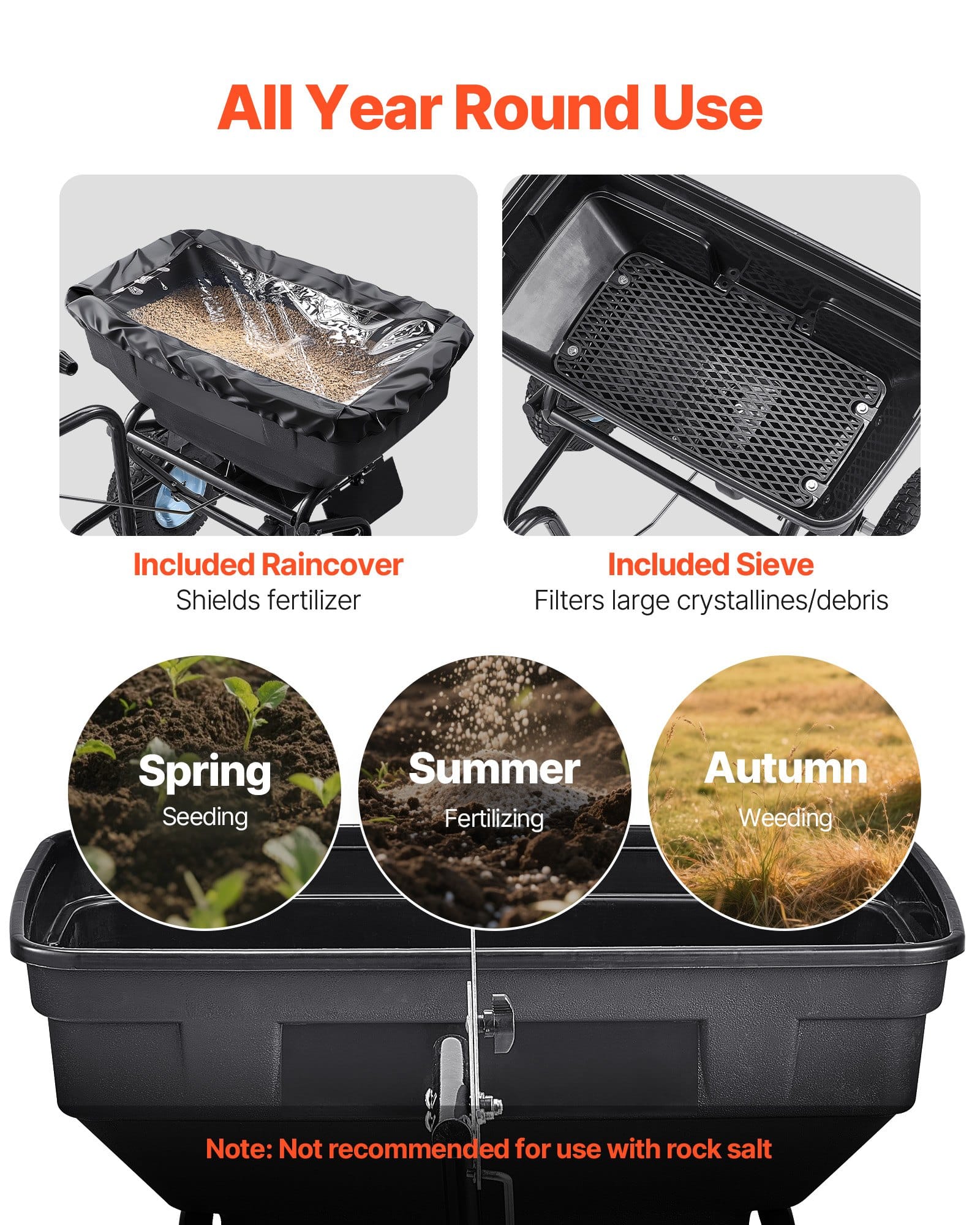 VEVOR Tow/Push Garden Spreader, 59kg Capacity, 33cm Tires, 30 Settings, 3m Spread Width for Seed, Fertilizer, Salt, Ice Melt – Paveikslėlis 6