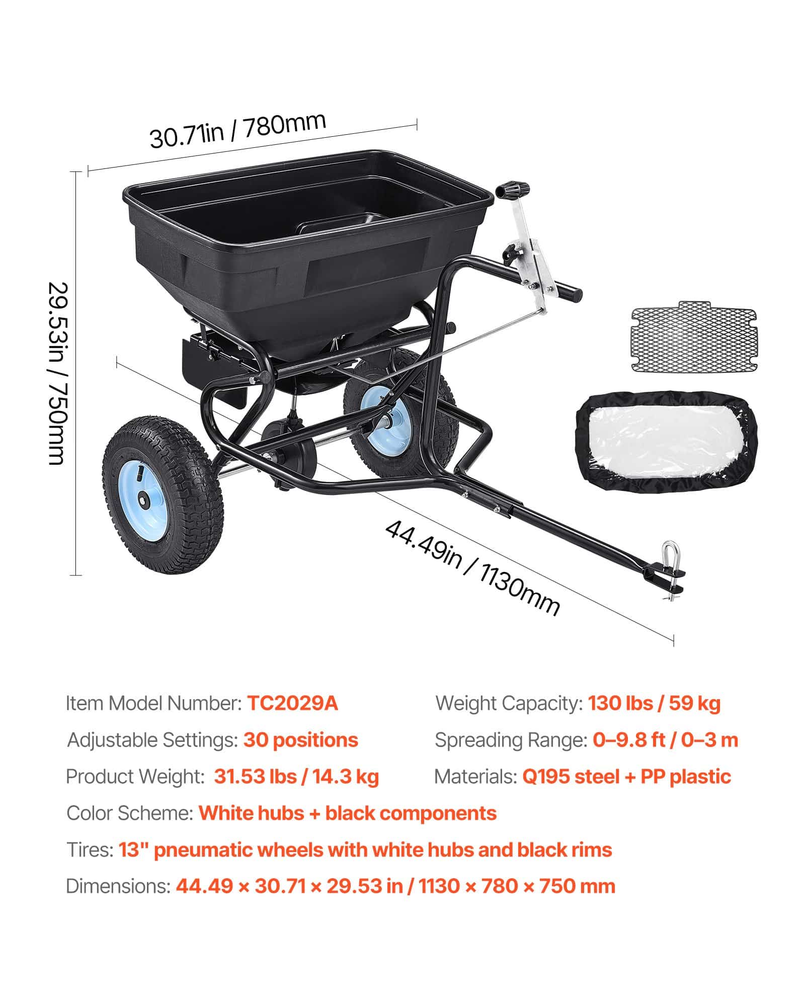 VEVOR Tow/Push Garden Spreader, 59kg Capacity, 33cm Tires, 30 Settings, 3m Spread Width for Seed, Fertilizer, Salt, Ice Melt – Paveikslėlis 7