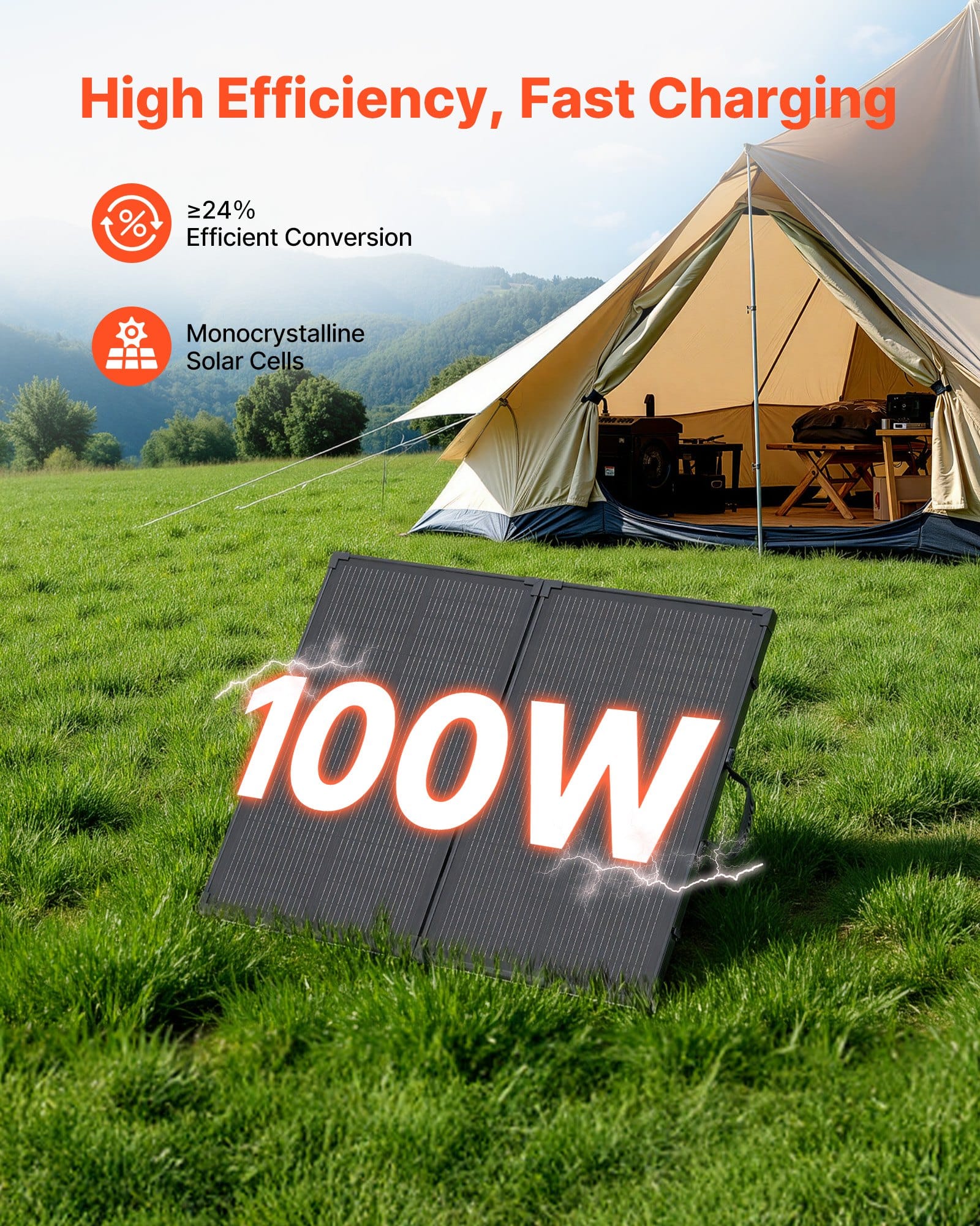 VEVOR 100W Foldable Monocrystalline Solar Panel, 24% Efficiency, IP67, 30A Controller, MC4, for Camping, RV, Outdoor Use - Image 2